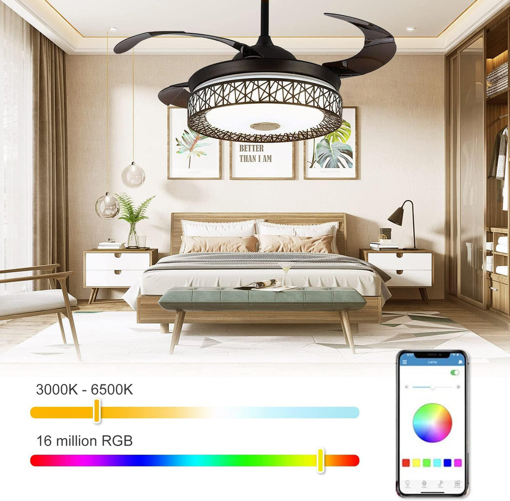42' Retractable Ceiling Fans with Lights and Remote Control, Invisible Modern Chandelier Fan Lighting with Bluetooth Speaker Play Music 7 Colorful Dimmable Fixture for Bedroom/Living Room