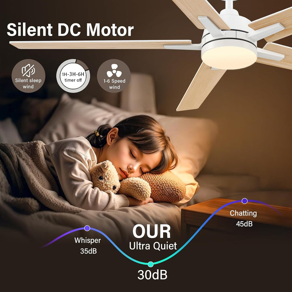 60 Inch White Ceiling Fans with Lights and Remote, Reversible, 3CCT, Dimmable, Noiseless, Large Ceiling Fan for Bedroom, Living Room and Patio, Indoor/Outdoor Use