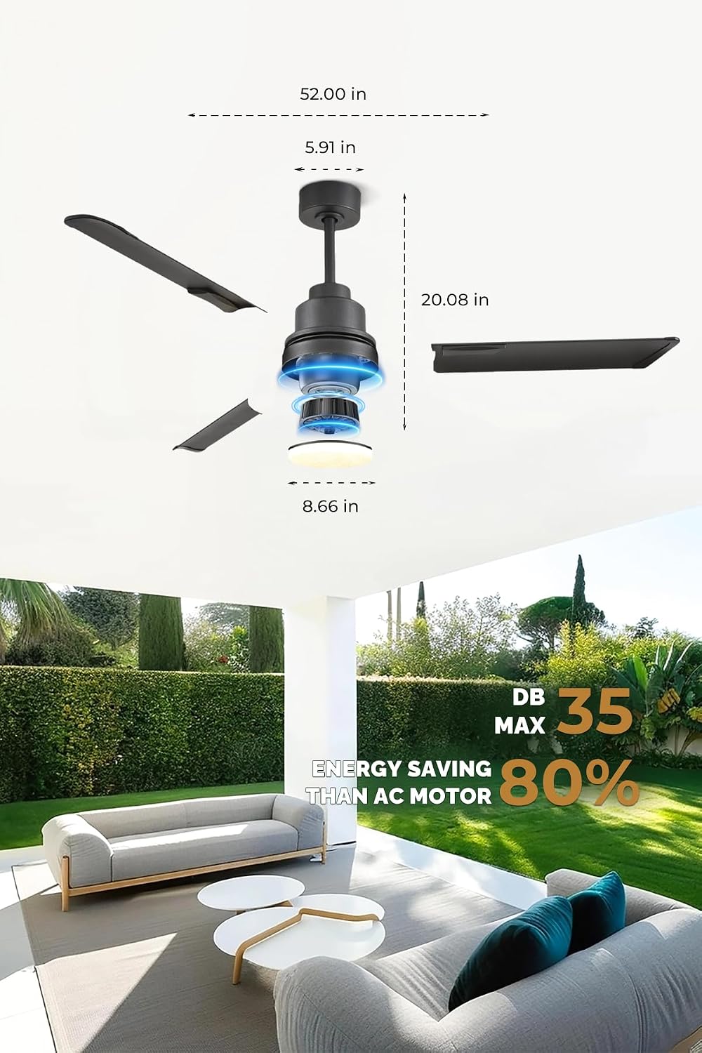 Orison 52' Outdoor Ceiling Fans with Lights and Remote Control,IP65 Wet Rated Waterproof Ceiling Fan with 6-Speed DC Motor, Farmhouse Gazebo Fan for Porch Patios Pavilion