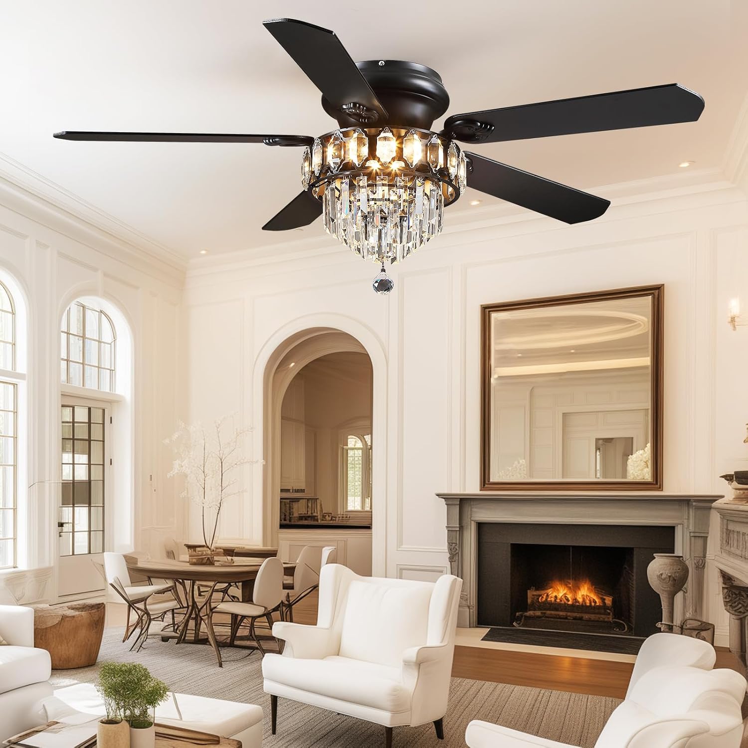 Asyko 52' Low Profile Crystal Ceiling Fan Fandelier with Lights and Remote Control- Retro/Farmhouse Ceiling Fans with Noiseless DC Motor, Flush Mount Ceiling Fan Light for Dining Room,Bedroom
