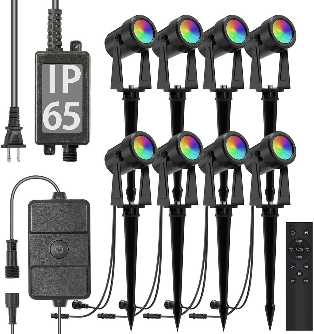 SUNTHIN RGBW Color Changing Spotlights 8 Pack with 4pcs 6.5FT Extension Cord with 3-Pin for RGBW Outdoor Landscape Spotlights