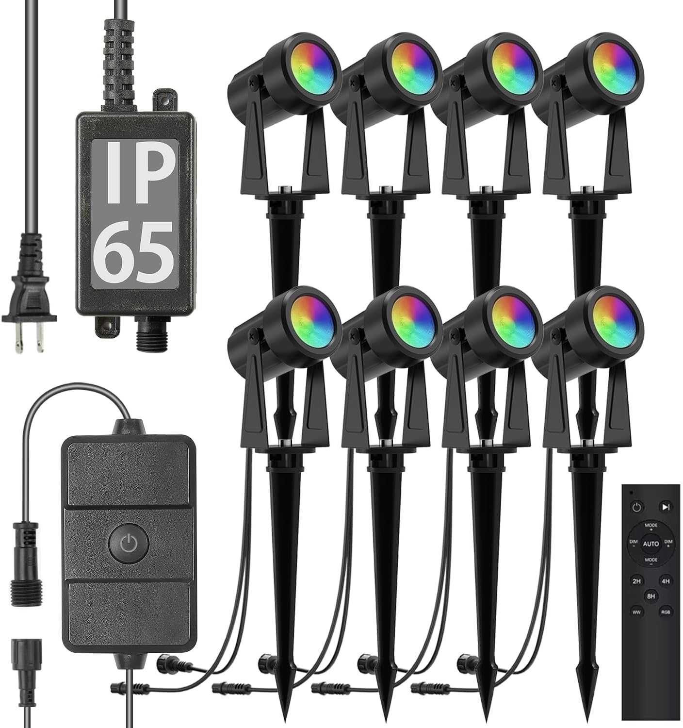 SUNTHIN RGBW Color Changing Spotlights 8 Pack with 4pcs 6.5FT Extension Cord with 3-Pin for RGBW Outdoor Landscape Spotlights