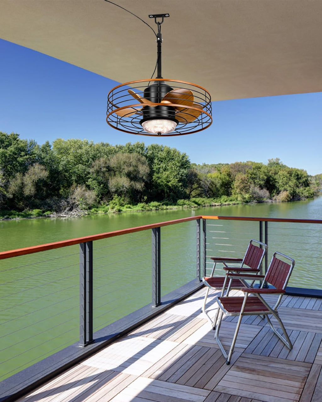 20' Outdoor Ceiling Fan with Lights and Remote Control, Black Gazebo Ceiling Fans 6 Speeds, Portable Hanging Waterproof Caged Ceiling Fan with Dimmable LED Lights for Gazebo, Patios