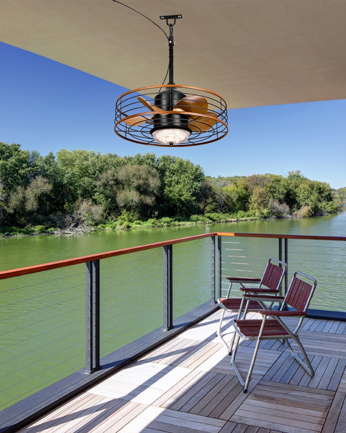 20' Outdoor Ceiling Fan with Lights and Remote Control, Black Gazebo Ceiling Fans 6 Speeds, Portable Hanging Waterproof Caged Ceiling Fan with Dimmable LED Lights for Gazebo, Patios