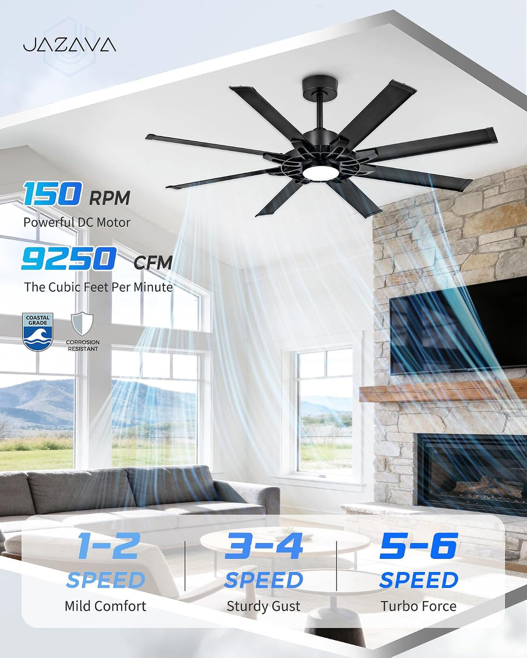 60 Inch Ceiling Fan with Light, Black Indoor Outdoor Ceiling Fan with 8 Aluminium Metal Blades, Smart Fan with Alexa, Modern Quiet Fan for Patio, Garage, Living Room, ZCCF05ABK-60