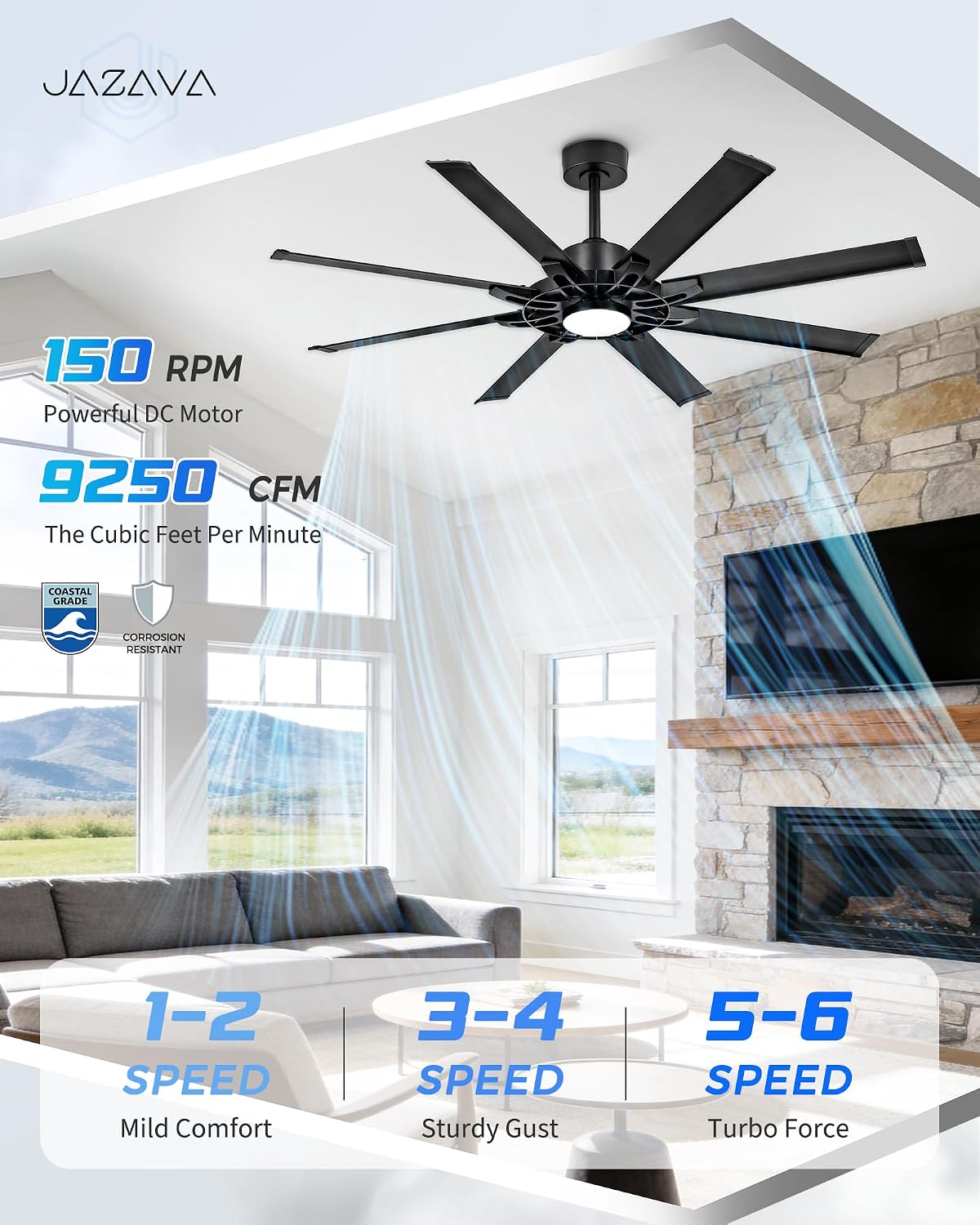 60 Inch Ceiling Fan with Light, Black Indoor Outdoor Ceiling Fan with 8 Aluminium Metal Blades, Smart Fan with Alexa, Modern Quiet Fan for Patio, Garage, Living Room, ZCCF05ABK-60