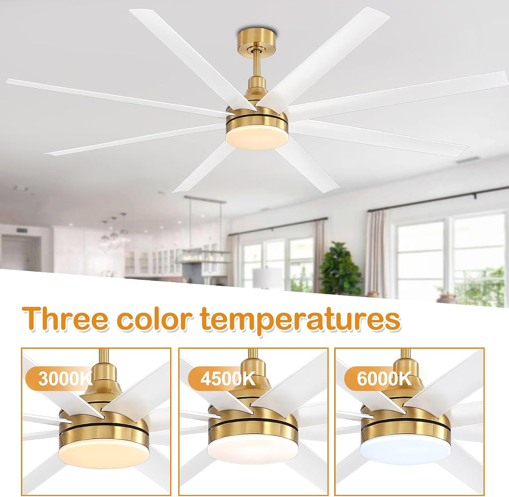 72 Inch Ceiling Fans with Lights and Remote, 8-Blade, Quiet Reversible DC Motor, 6-Speed, Timer Function, 3 Color Led Light Chandelier, Industrial Ceiling Fan for Bedroom Living Room (Gold & White)