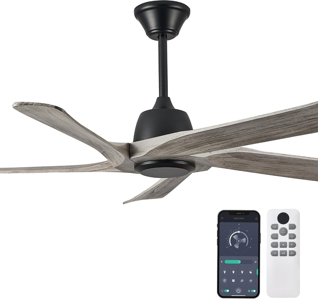 52' DC Ceiling Fan without Light, 5 Solid Wood Fan Blades, Remote and APP Control, 6-speed Reversible, Noiseless Ceiling Fan No Lights for Bedroom, Living Room, Office, Greywood