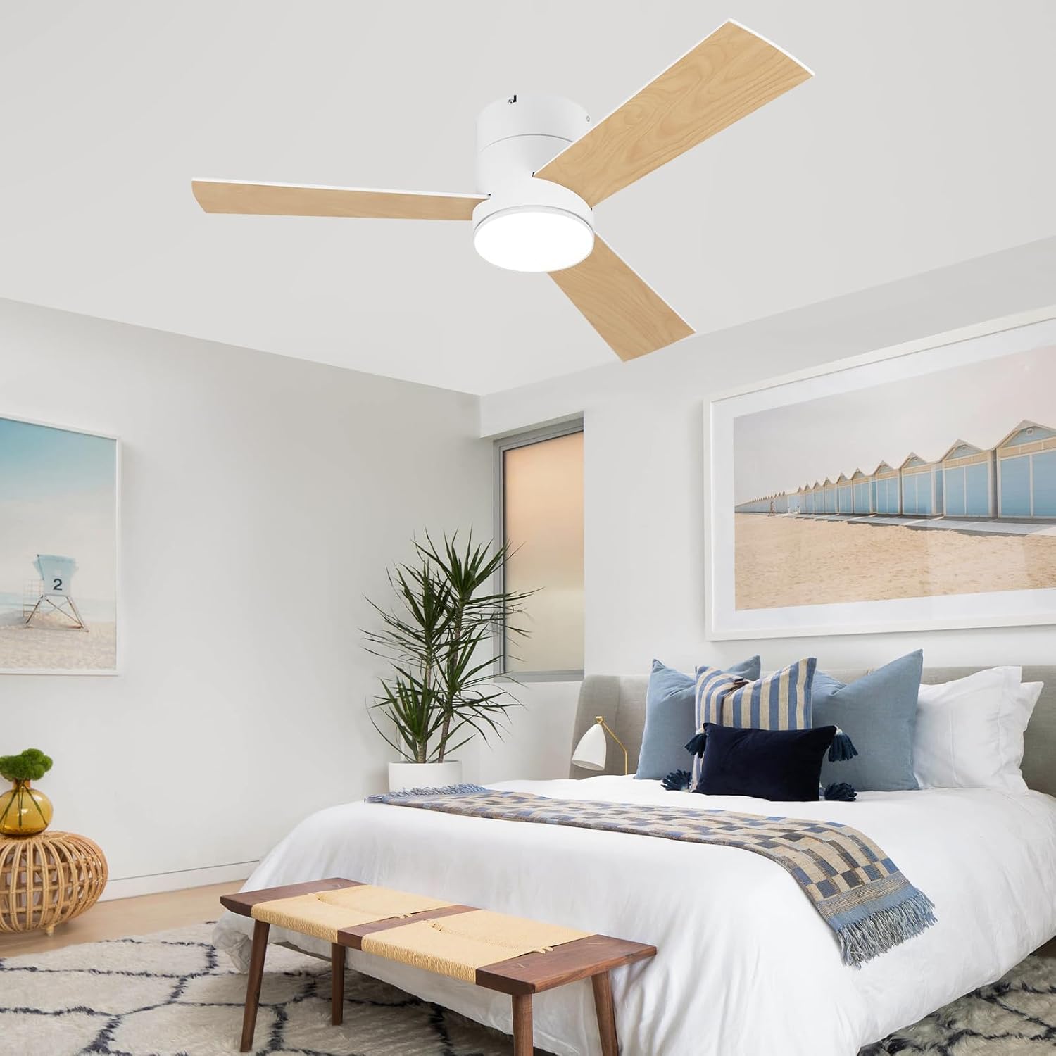 GESUM 42 Inch Ceiling Fan with Lights, Flush Mount Ceiling Fans with Remote Control, Dimmable, 3CCT, Reversible, White Outdoor Ceiling Fans for Patios Bedroom Kitchen Porch