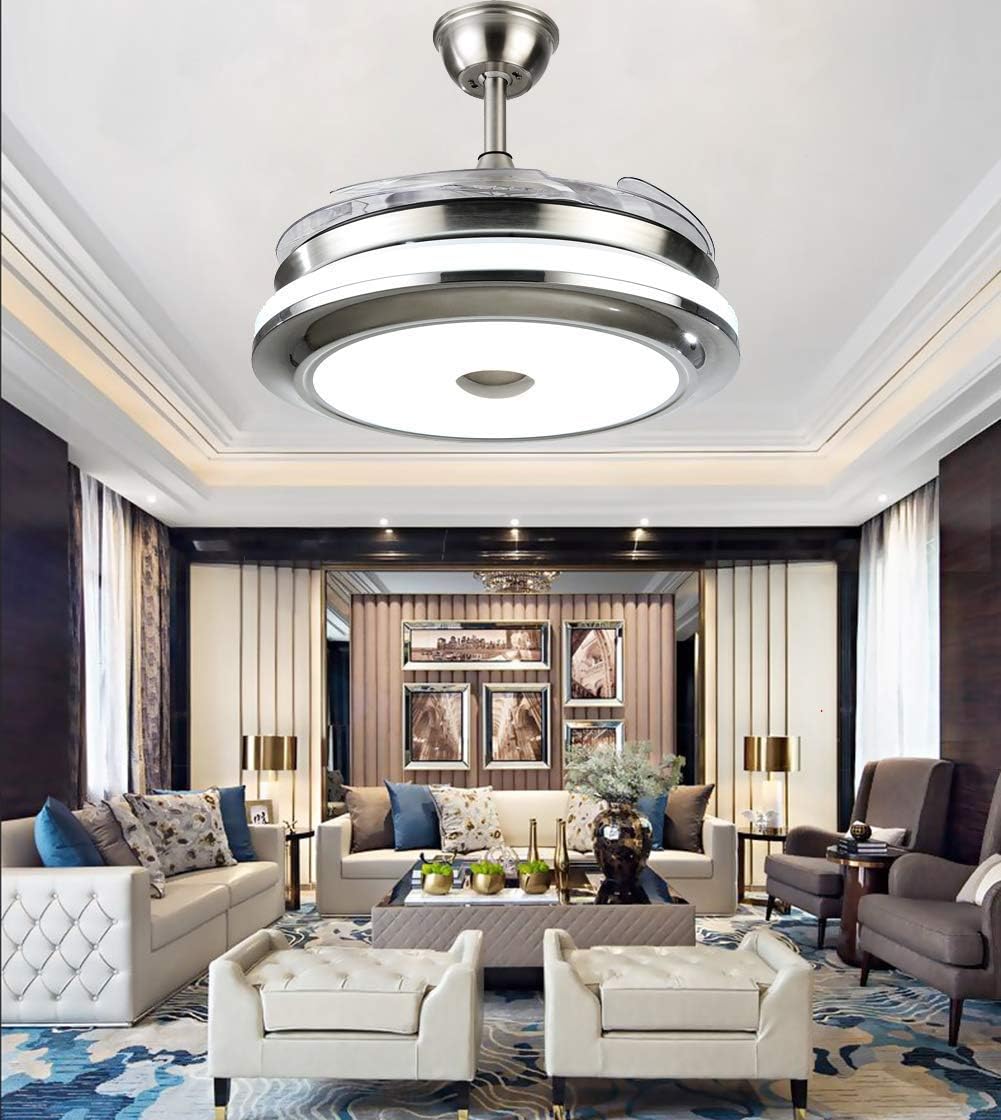 36' Modern Ceiling Fan with Light and Remote Control Retractable Chandelier Fixture 3 Lighting Color 3 Speed Fandelier for Kitchen Bedroom