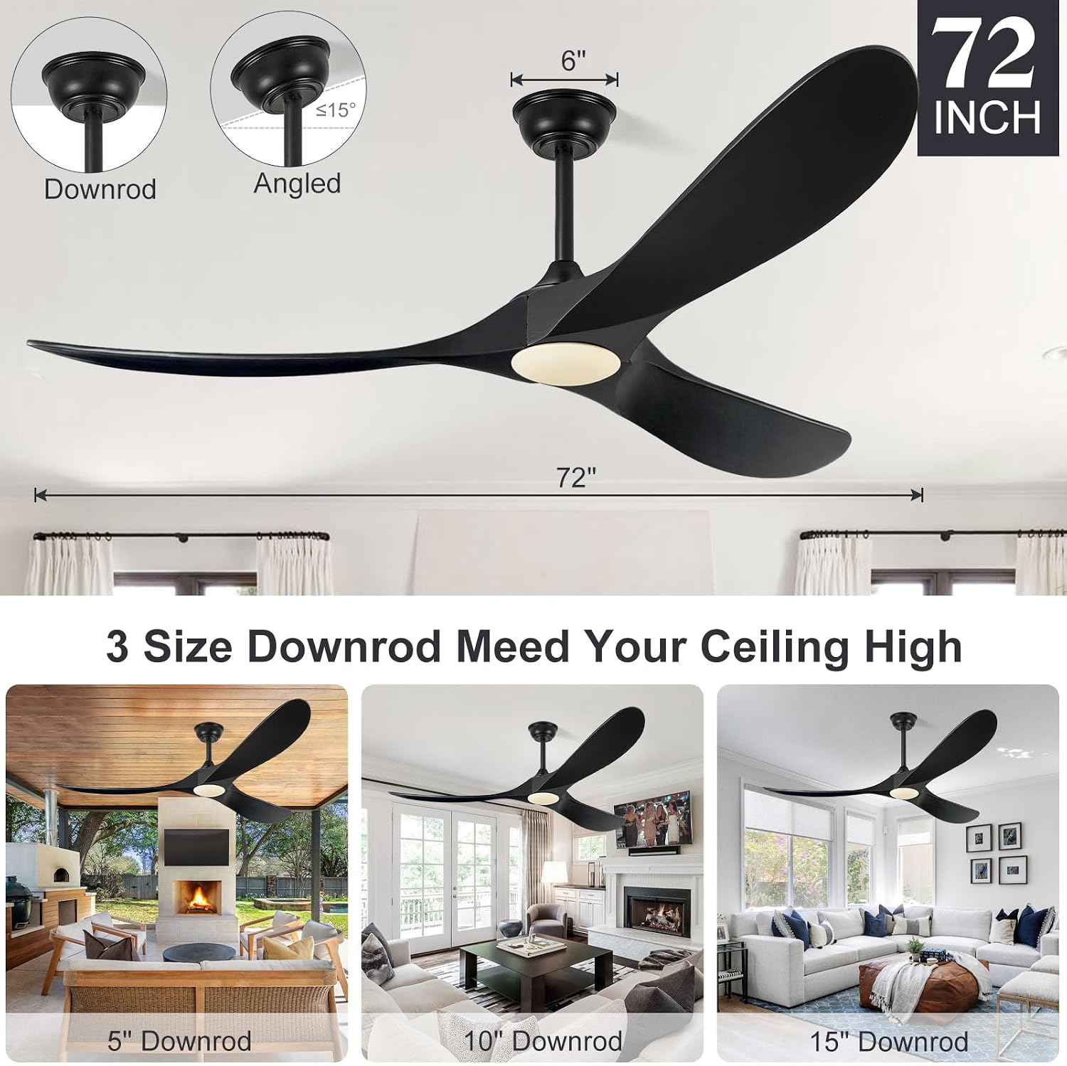 Eliora 72 Inch Ceiling Fans with Lights and Remote Control, Outdoor Ceiling Fan with Light High cfm Outdoor Ceiling Fan for Patio, Porch, 6 Speed Propeller Quiet DC Motor ETL Listed-Matte Black