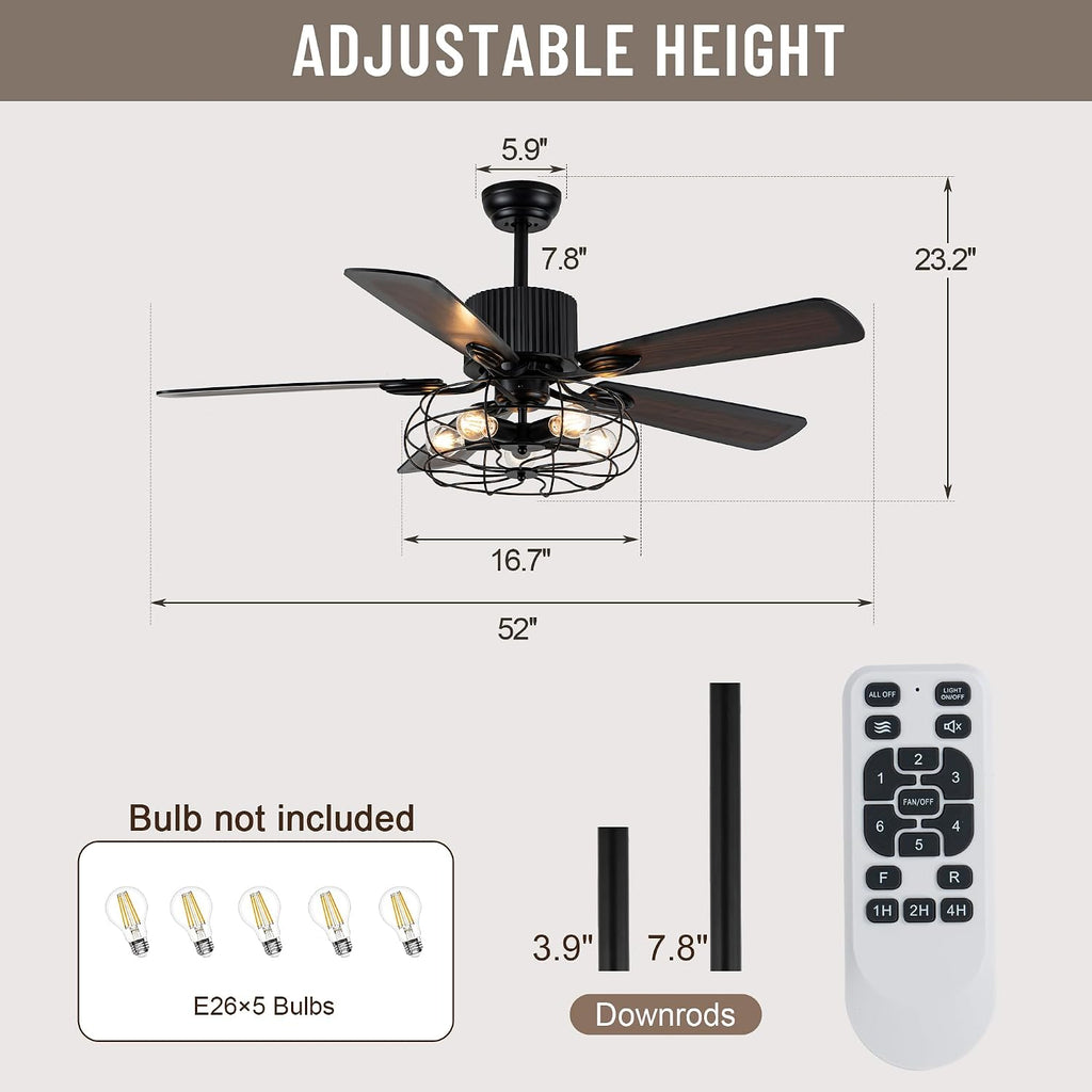 NA 52'' Retro Industrial Ceiling Fan with Iron Cage, Remote Control&Pull Chains, 5 Wood Reversible Blades, Vintage Pendant Light Fan for Bedroom/Living room/Dining room Black