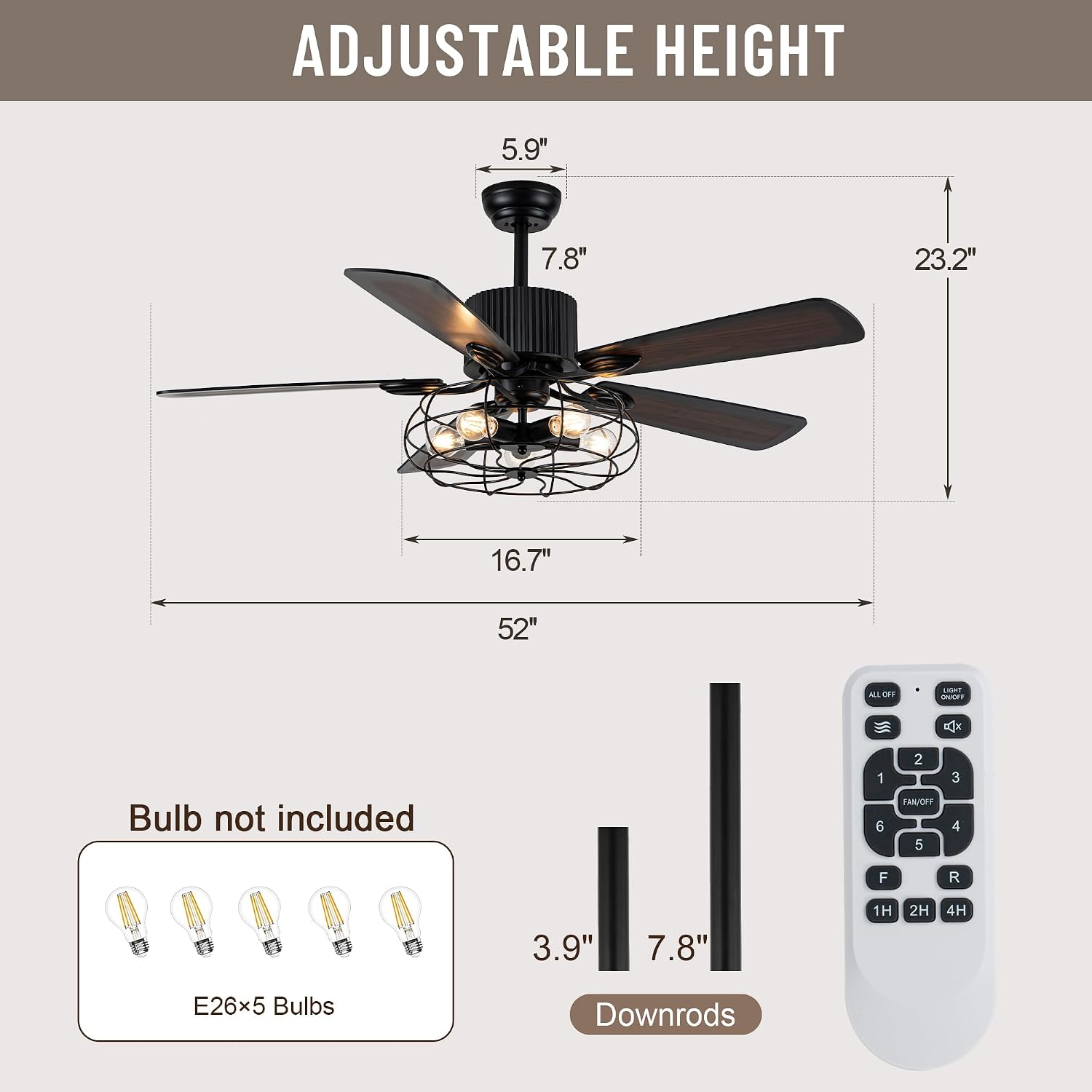 NA 52'' Retro Industrial Ceiling Fan with Iron Cage, Remote Control&Pull Chains, 5 Wood Reversible Blades, Vintage Pendant Light Fan for Bedroom/Living room/Dining room Black