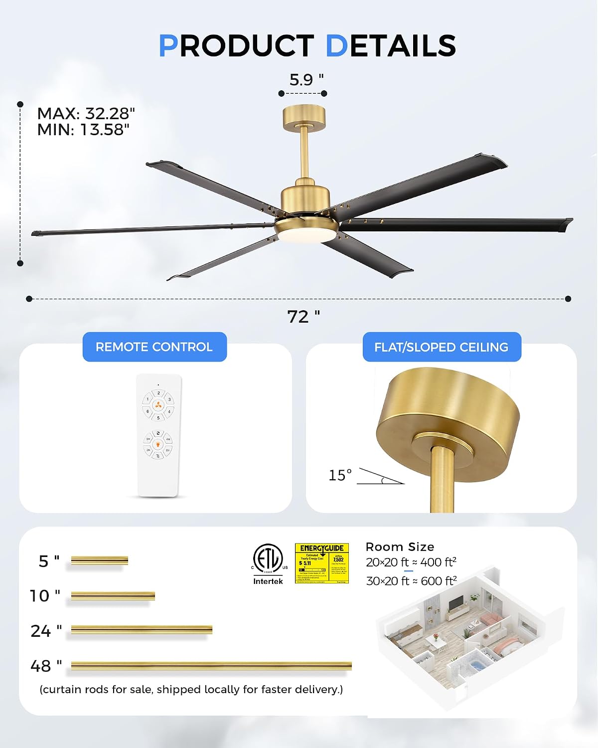72 Inch Ceiling Fan with Light, Industrial Aluminum Blades, DC Motor 6 Speed Reversible,Covered Outdoor Porch, Black and Gold,CF06BGB-72