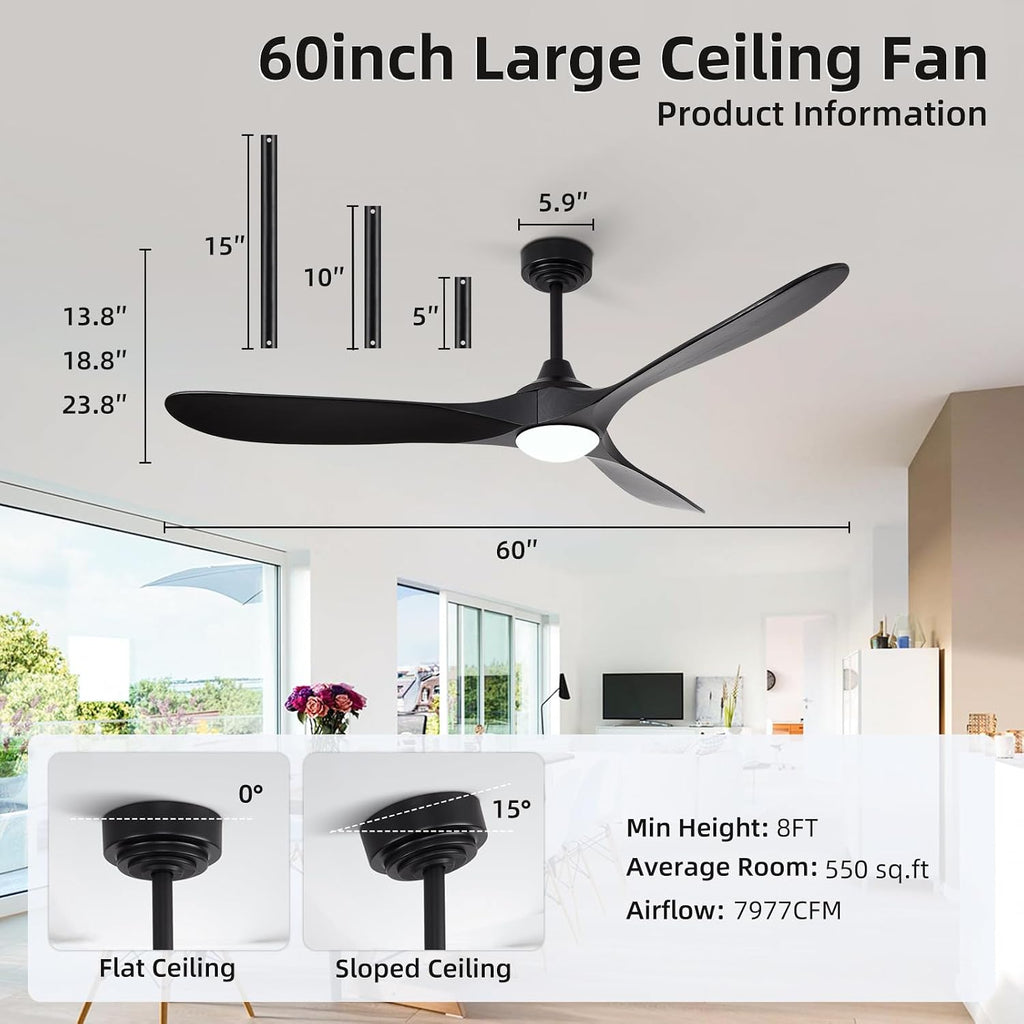 60' Outdoor Ceiling Fan with Light 3 Downrods, Smart Wood Ceiling Fan Compatible with Alexa/Google/App, 3 Blades Modern Black Wood Ceiling Fans for Kitchen Living Room Patio