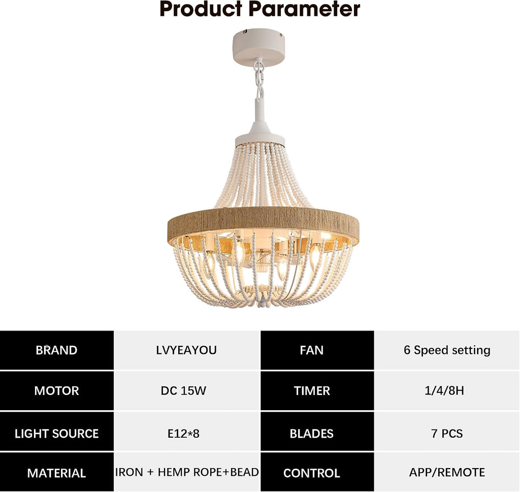 20' Rustic Beaded Chandelier Ceiling Fan with Lights, Remote & App Control, 6 Speed, 8-Lights Boho Fandelier, for Bedroom, Dining Room (Minimalist White)