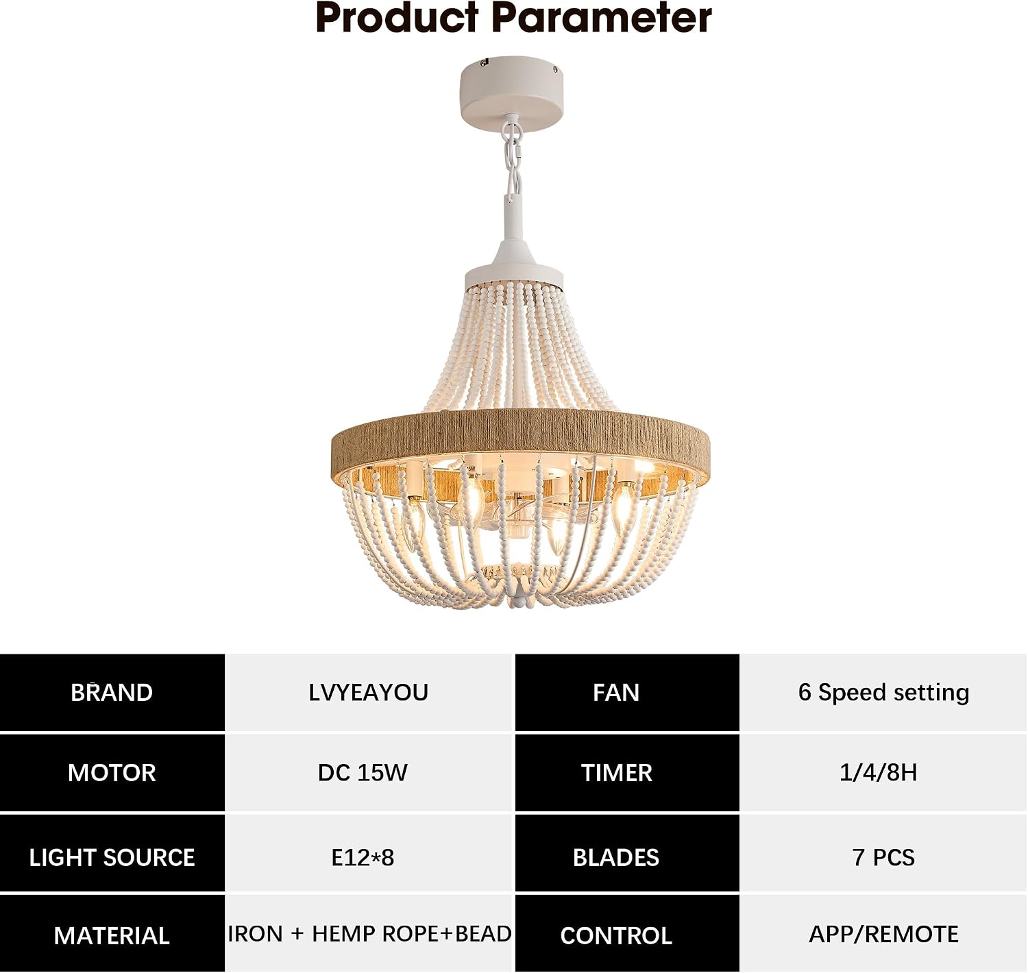 20' Rustic Beaded Chandelier Ceiling Fan with Lights, Remote & App Control, 6 Speed, 8-Lights Boho Fandelier, for Bedroom, Dining Room (Minimalist White)