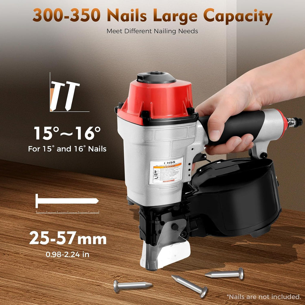 Professional Coil Nailer, Pneumatic Nailer CN55 Max Fastener Length 2', Pneumatic Siding Nailer 75-100PSI, Air Coil Nailer with Fast Fire Truck for Fast and Hard Woodworking, Wooden Pallets