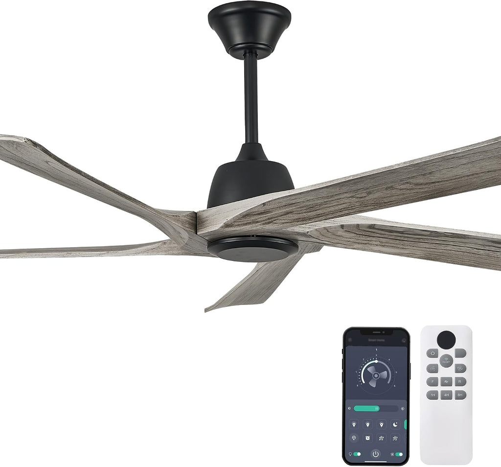 60 Inch Solid Wood Ceiling Fan No Lights, Remote and APP Control, DC Motor, 6-speed Reversible, for Bedroom, Living Room, Office, Outdoor Ceiling Fans, Greywood