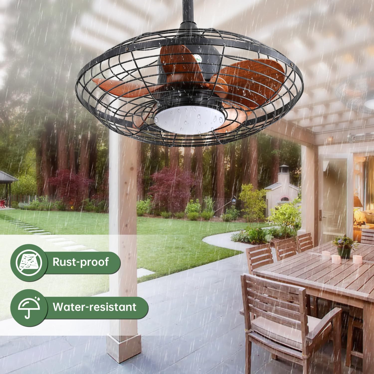 20 Inch Downrod Mount Ceiling Fan LED 18W 3CCT 5 ABS Blades DC Motor with Hanging and Hook for Outside Patios Pergola Black Lighting Outdoor Ready