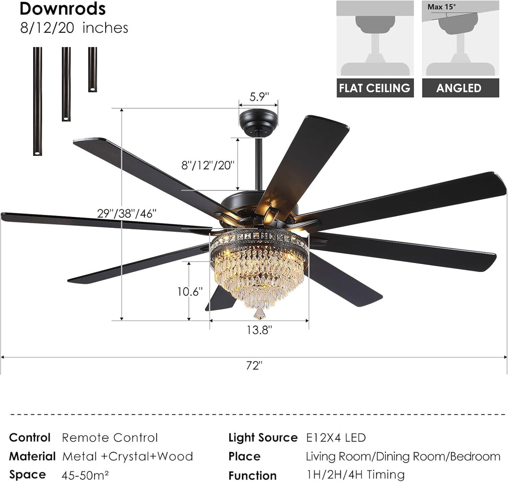 Asyko 72' Crystal Ceiling Fan Fandelier with Lights - Modern Crystal Chandelier Fans with Remote Control,Noiseless DC Motor, Retro/Farmhouse Lighting, Dining Room,Living Room