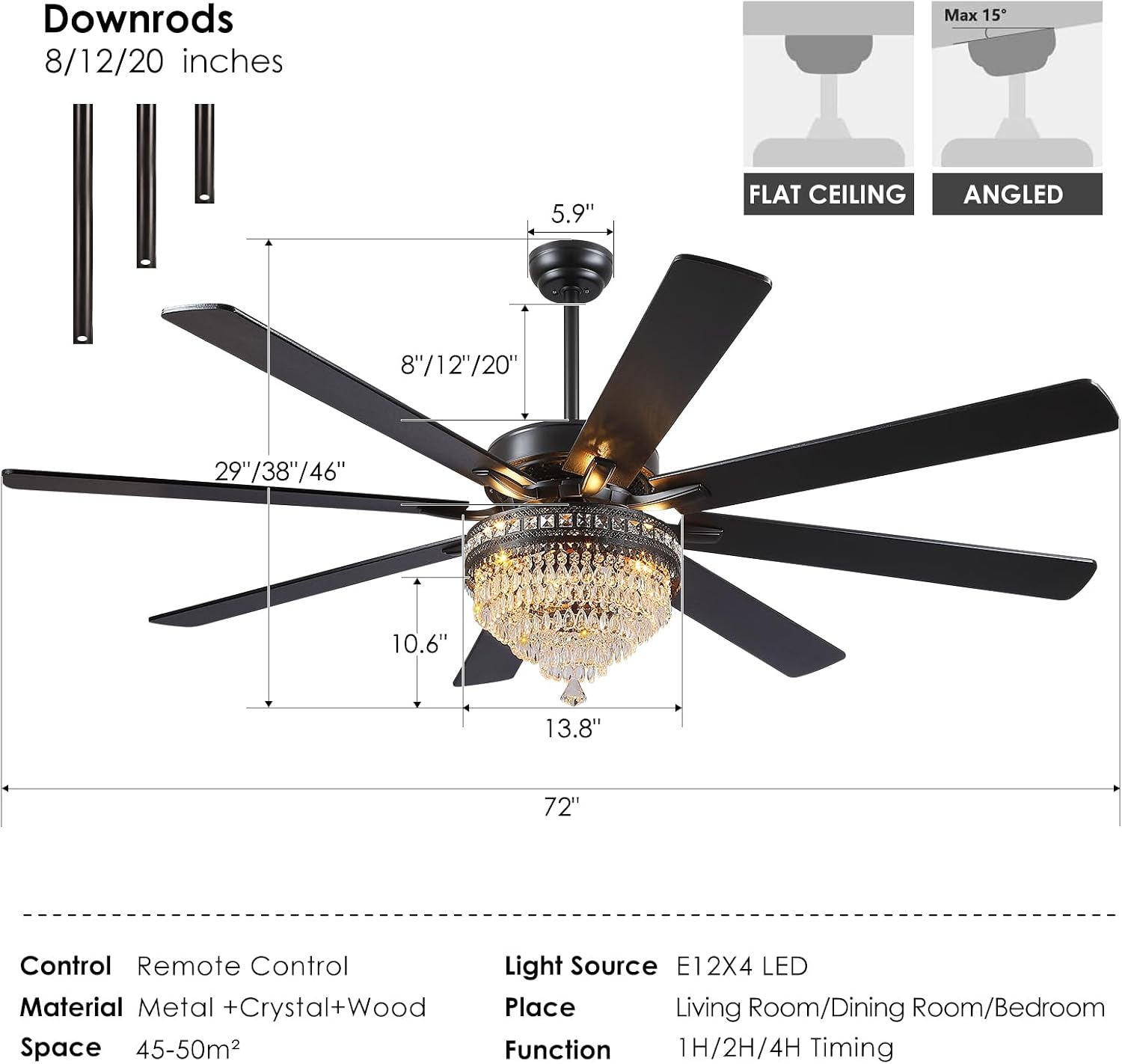 Asyko 72' Crystal Ceiling Fan Fandelier with Lights - Modern Crystal Chandelier Fans with Remote Control,Noiseless DC Motor, Retro/Farmhouse Lighting, Dining Room,Living Room