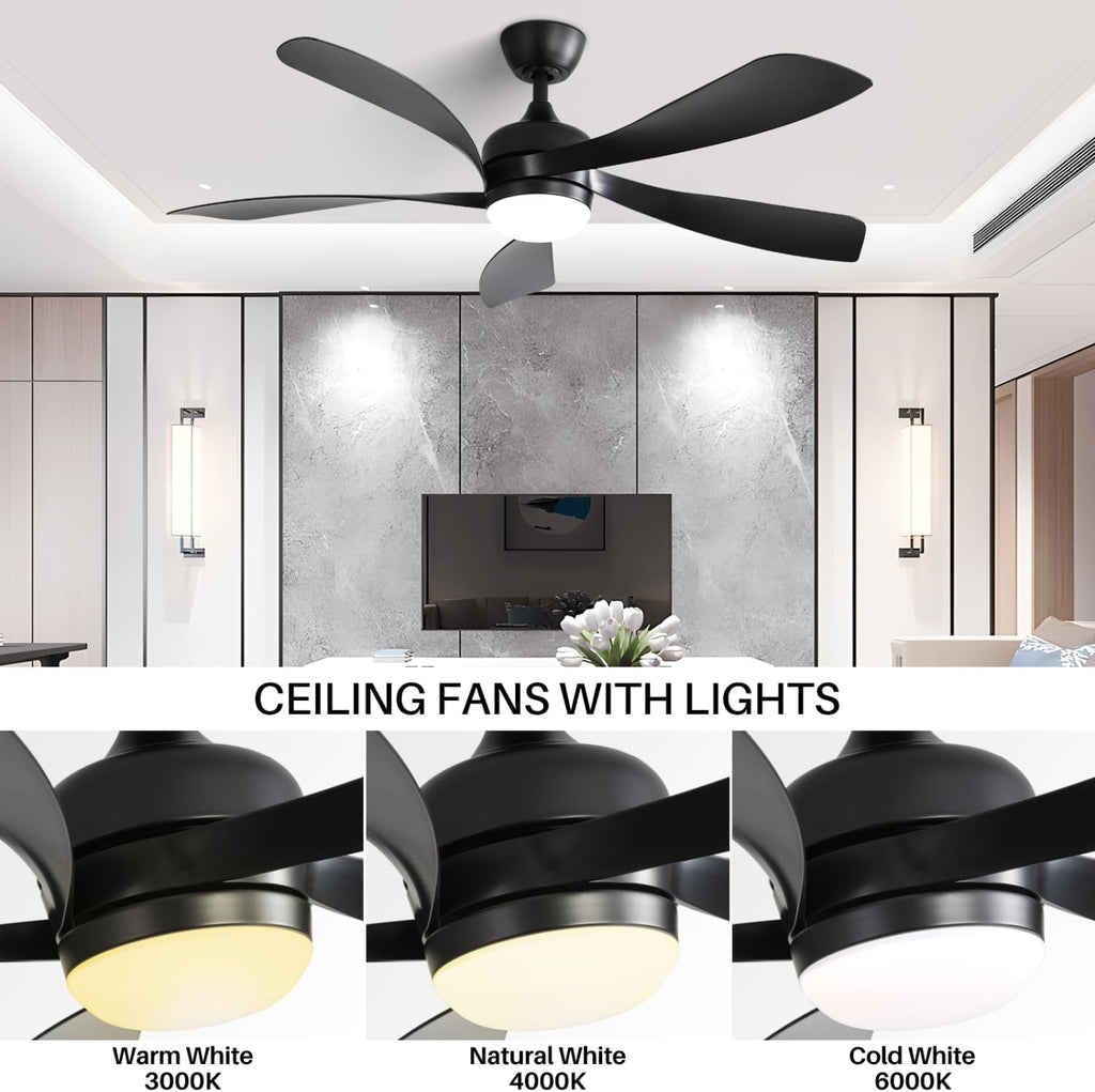 45-Inch Matte Black Smart Ceiling Fan with DC Motor, Alexa Control, Tri-Color LED Lighting, Reversible Operation
