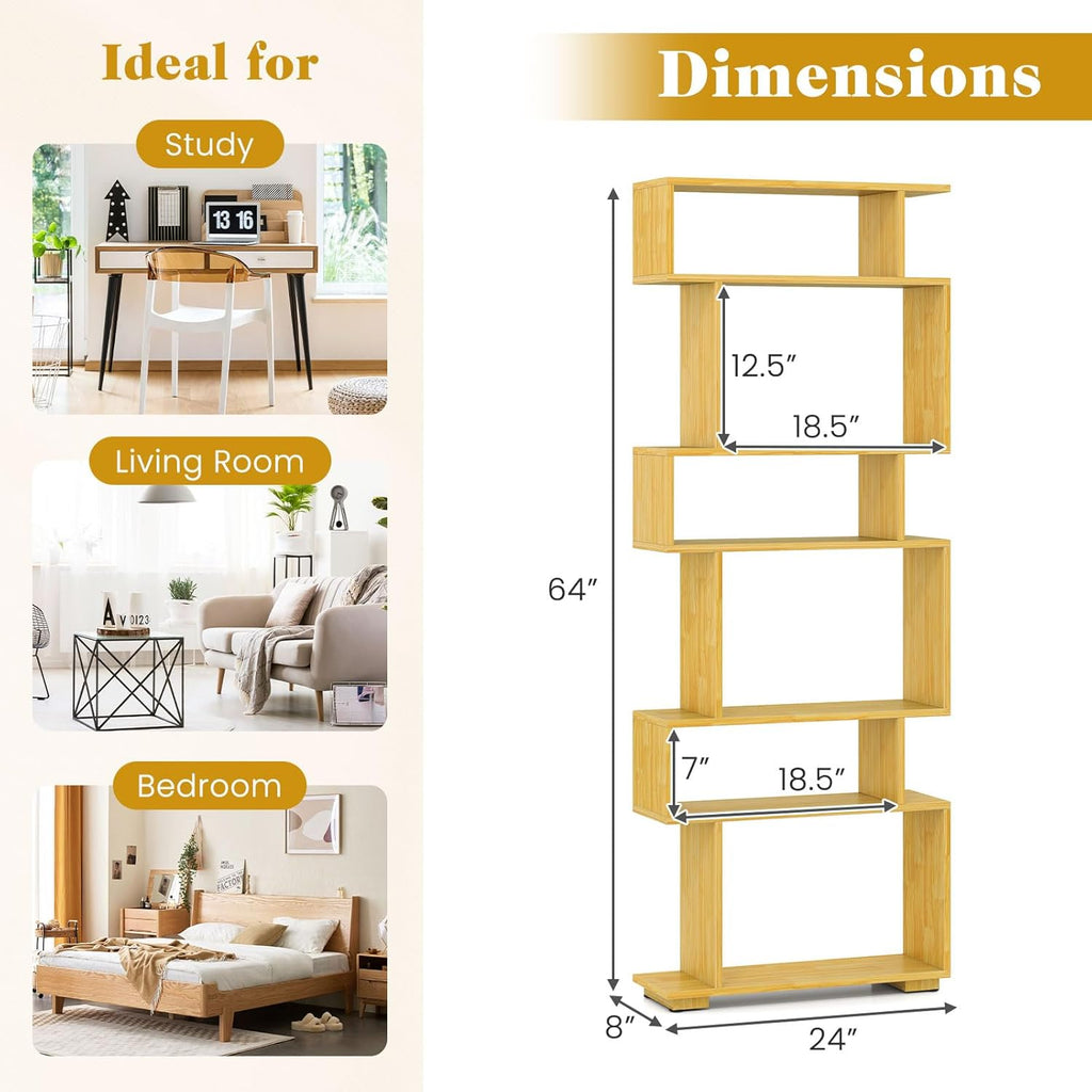 Giantex 6-Tier Geometric Bookshelves Set of 2, S-Shaped Bookcase with 2 Anti-Tipping Kits, Wooden Display Shelf, Decorative Storage Shelving Unit, Home Storage Organizer for Living Room, Burlywood