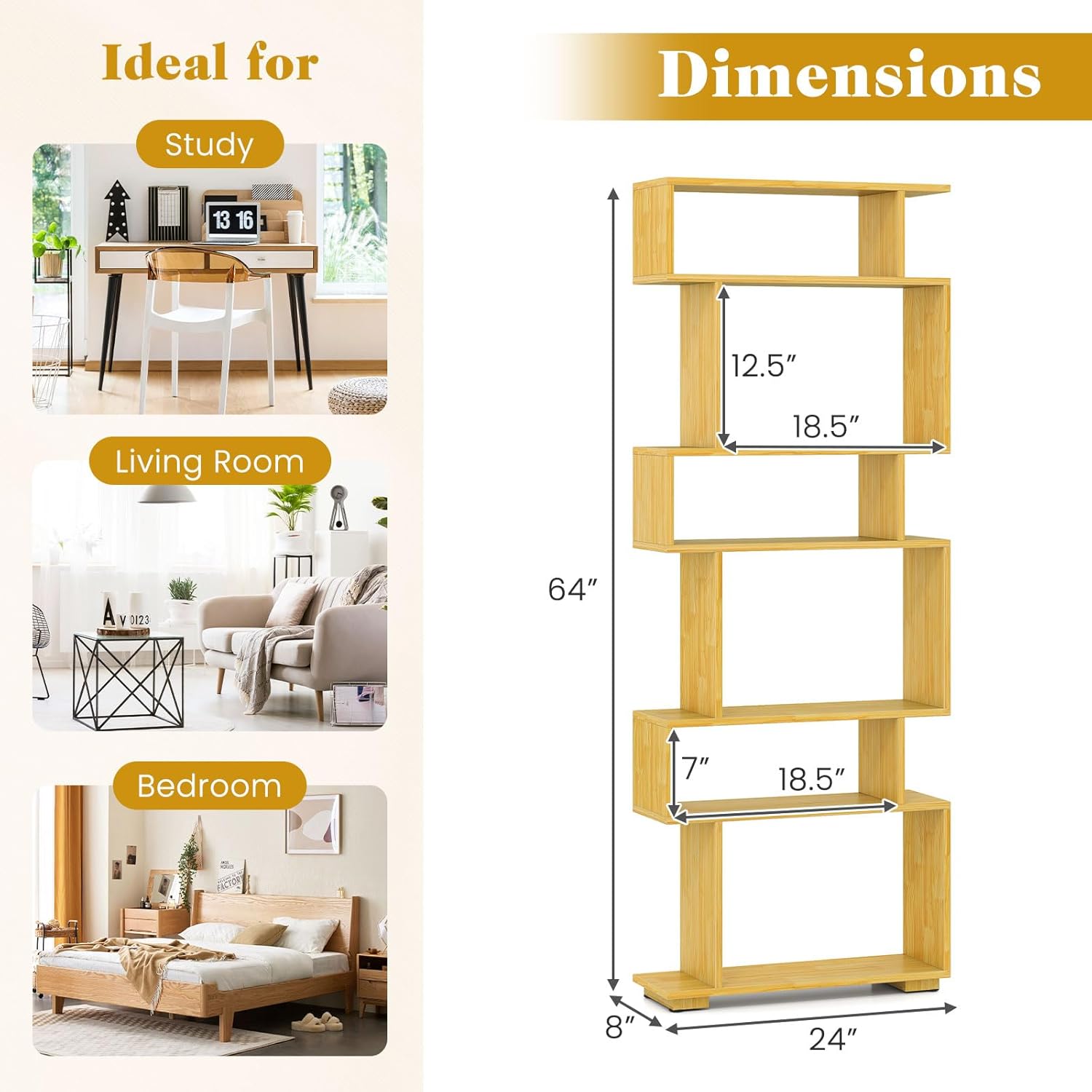 Giantex 6-Tier Geometric Bookshelves Set of 2, S-Shaped Bookcase with 2 Anti-Tipping Kits, Wooden Display Shelf, Decorative Storage Shelving Unit, Home Storage Organizer for Living Room, Burlywood