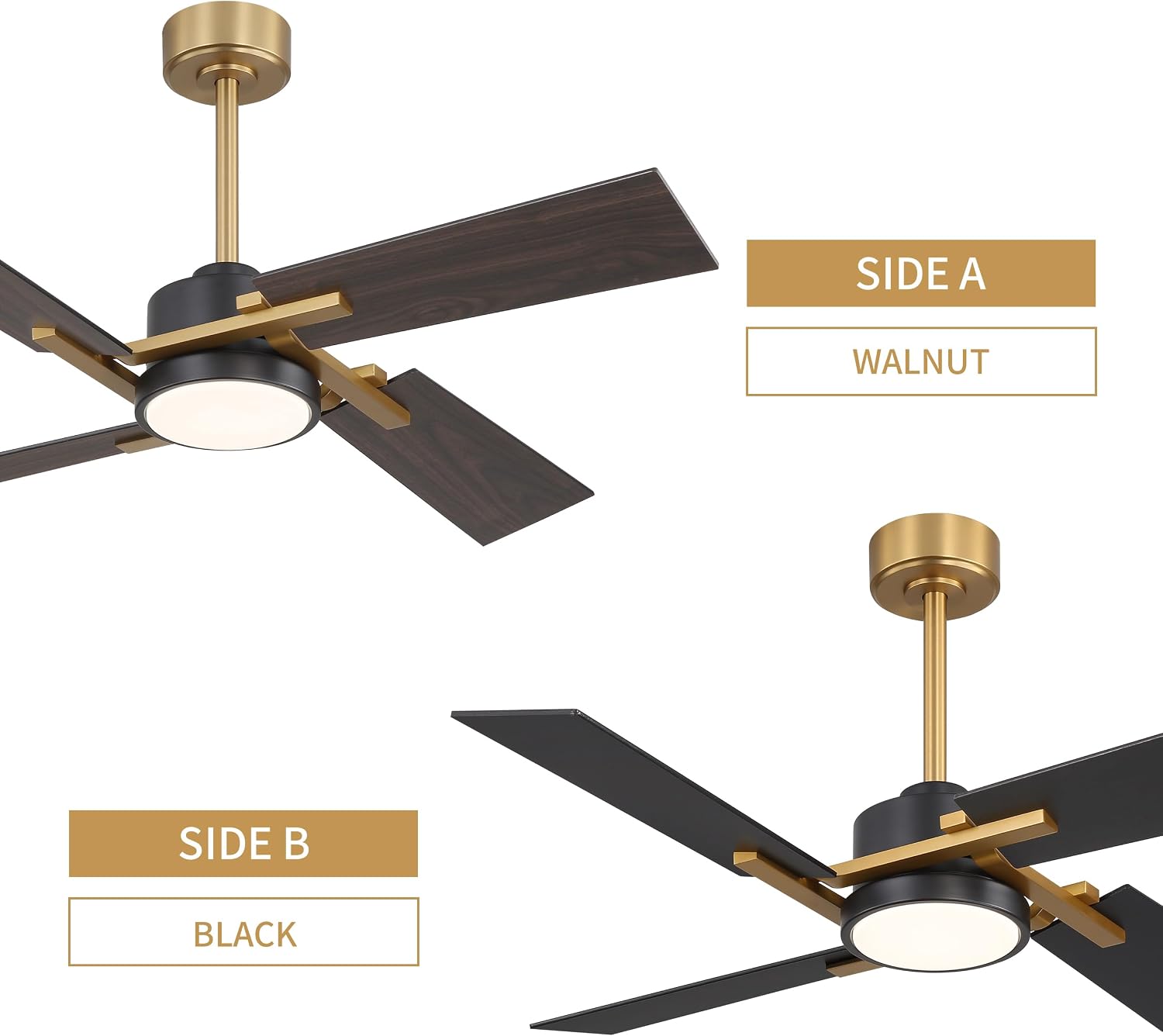WINGBO 48 Inch Ceiling Fan with Light and Remote, 4 Plywood Blades, 6-Speed Reversible DC Motor, Dimmable, 3CCT, Farmhouse Ceiling Fan for Bedroom Living Room Kitchen, Brass and Black/Walnut