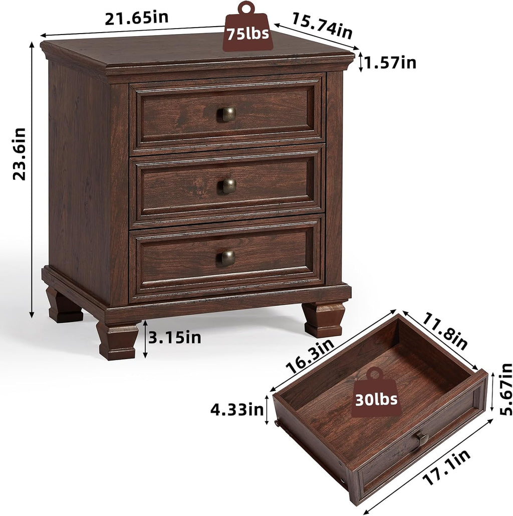 SAVOR LIFE Farmhouse Nightstand with 3 Drawers, Rustic Couch End Table with 4 Square Solid Wood Legs, Mid-Century Modern Bed Side Table with Storage, Small Dresser for Bedroom, Living Room, Walnut