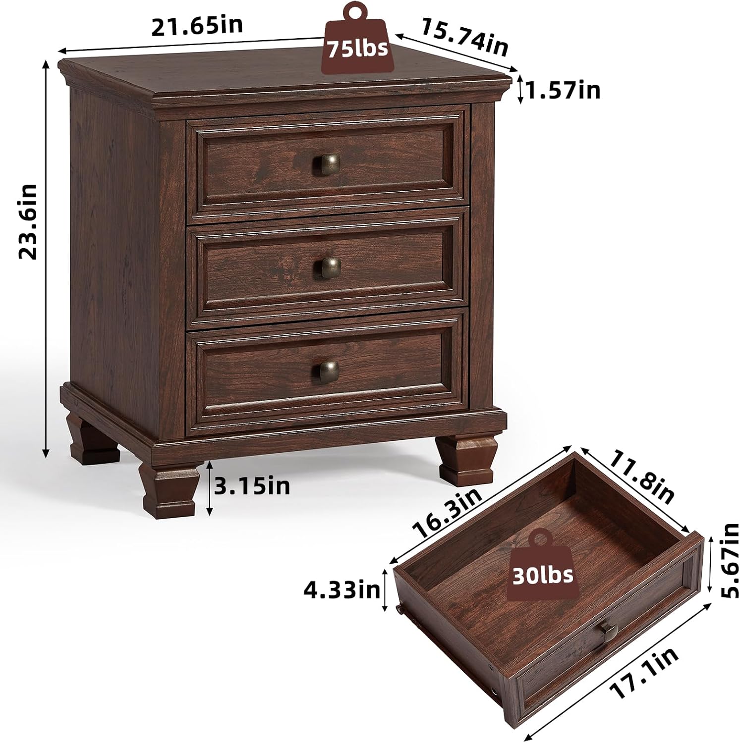 SAVOR LIFE Farmhouse Nightstand with 3 Drawers, Rustic Couch End Table with 4 Square Solid Wood Legs, Mid-Century Modern Bed Side Table with Storage, Small Dresser for Bedroom, Living Room, Walnut