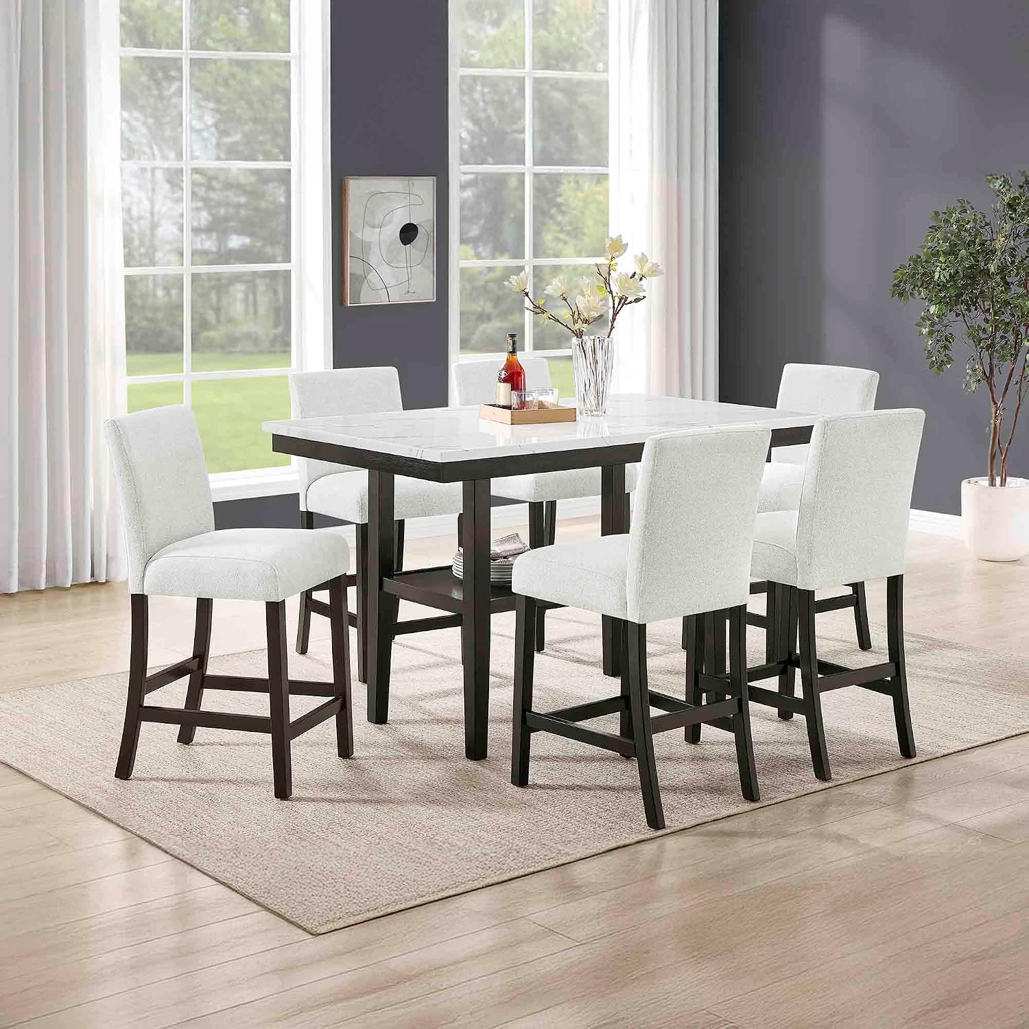 New Classic Furniture Carissa 7-Piece Wood Rectangle Counter Set in Stone