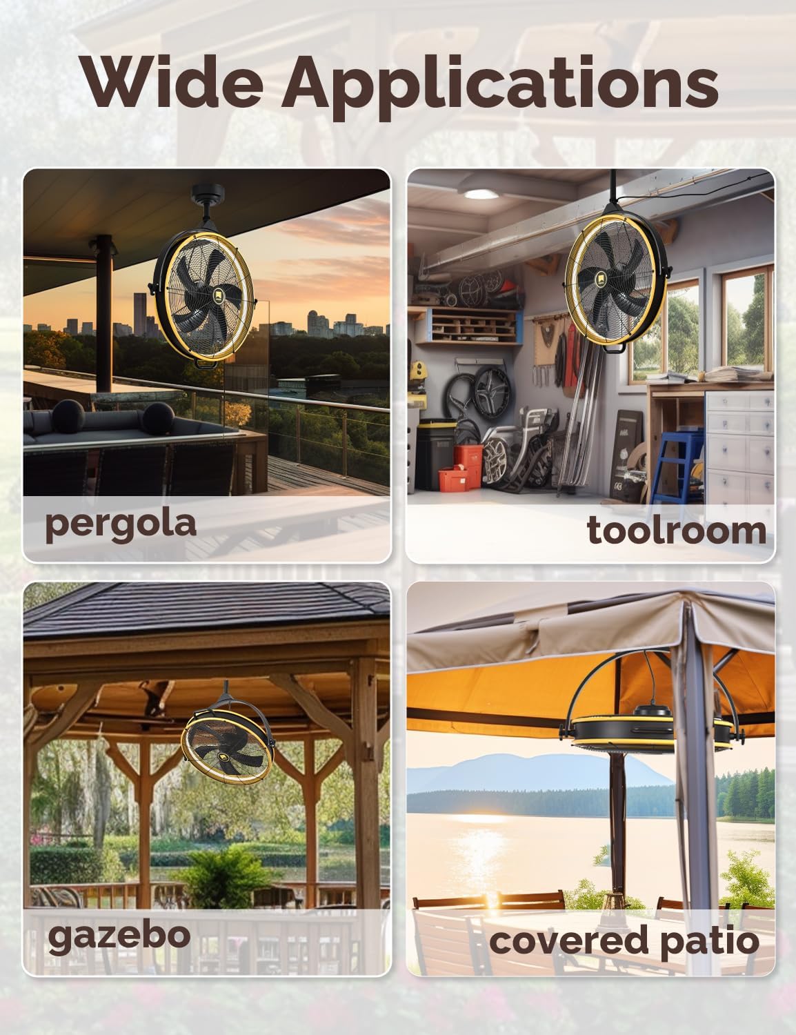Orison 24.8'' Outdoor/Indoor Garage Ceiling Fan, 6 Speed Ceiling Mounted Plug-In Cord Garage Fan with Remote&APP, Manual Vertical Rotation, Hook hanging for Gazebo, Patio, Yellow