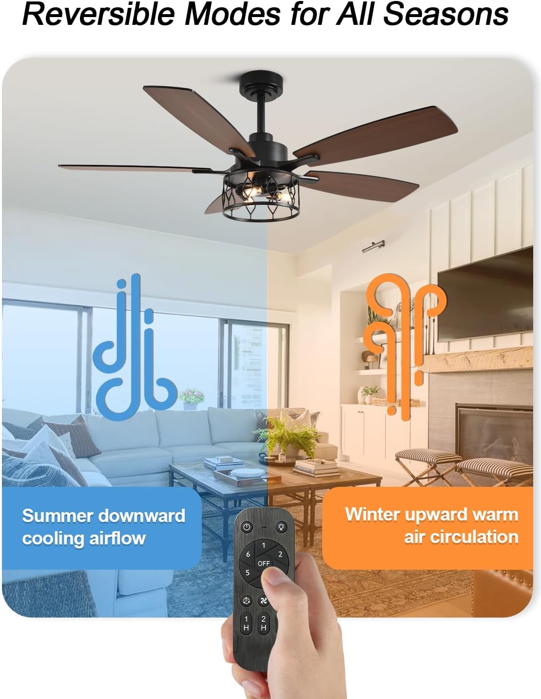 Rustic Ceiling Fan with Lights and Remote, Large Farmhouse Ceiling Fan Caged Fandelier Chandelier, Reversible Quiet DC Motor 6 Speeds for Living Room (Black Cage, 52 Inch)