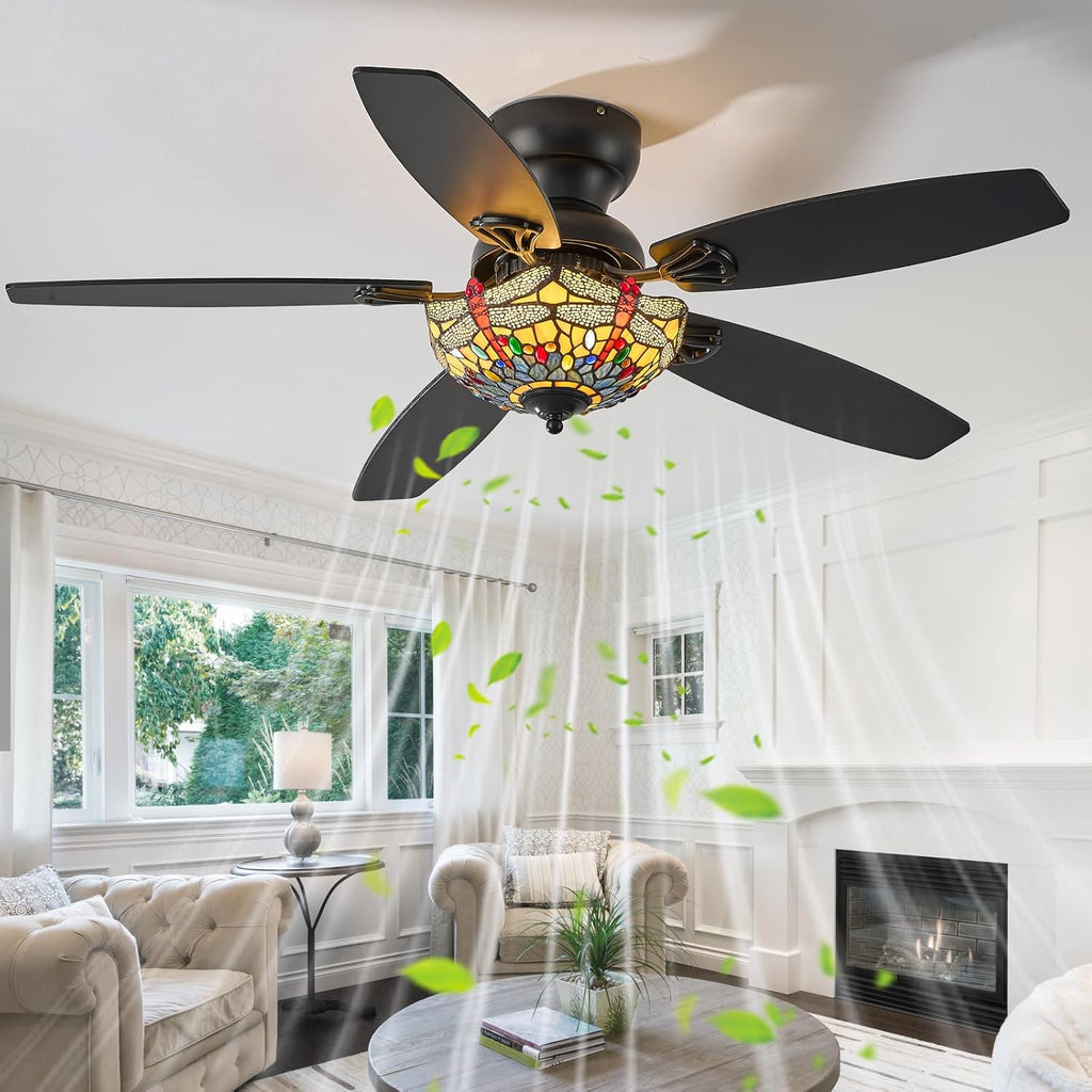 Tiffany Ceiling Fans with Lights - 48' Ceiling Fan Chandelier with 5 Dual-Blades and Glass Shade, 6 Speeds and Reversible, Indoor and Outdoor, Retro Style