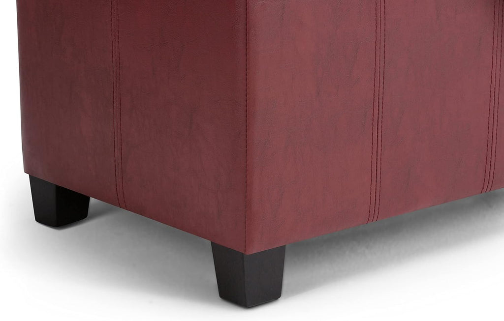 SIMPLIHOME Dover Storage Ottoman Bench - 36 inch Wide Upholstered Vegan Leather Rectangular Lift-Top Ottoman in Radicchio Red, Contemporary Bench for Living Room with Safety Hinges