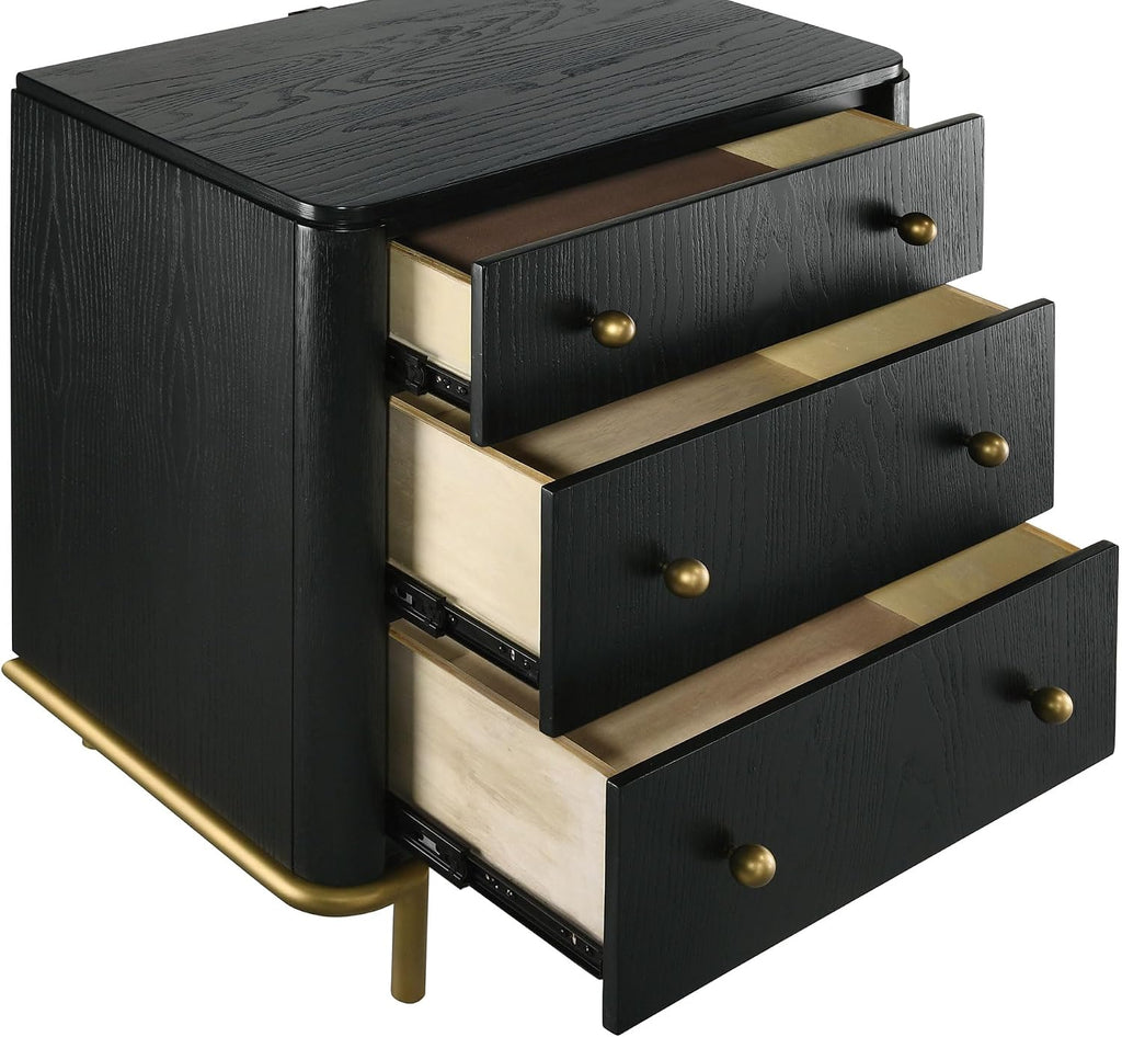 Coaster Home Furnishings - Arini - Wood - 3-Drawer Nightstand with Dual USB Ports, Felt-Lined Top Drawer, Aged Brass Round Knobs and Metal Base - Bedroom - Black - 224332