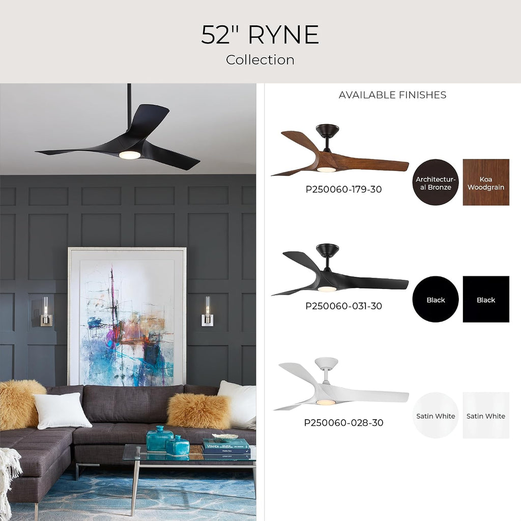 Progress Lighting Ryne Collection 52-Inch 3-Blade Woodgrain LED DC Motor Transitional Indoor/Outdoor Ceiling Fan, Brown
