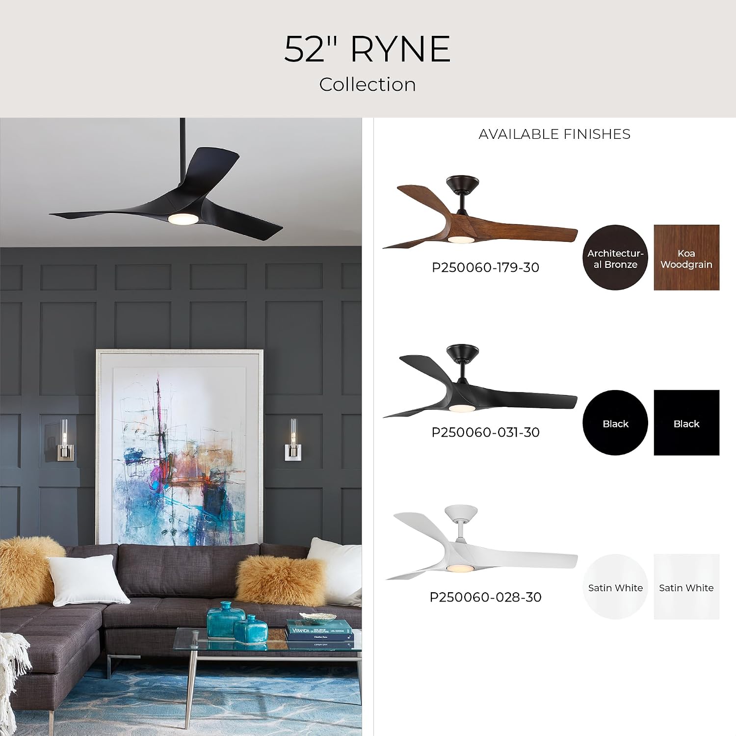 Progress Lighting Ryne Collection 52-Inch 3-Blade Woodgrain LED DC Motor Transitional Indoor/Outdoor Ceiling Fan, Brown