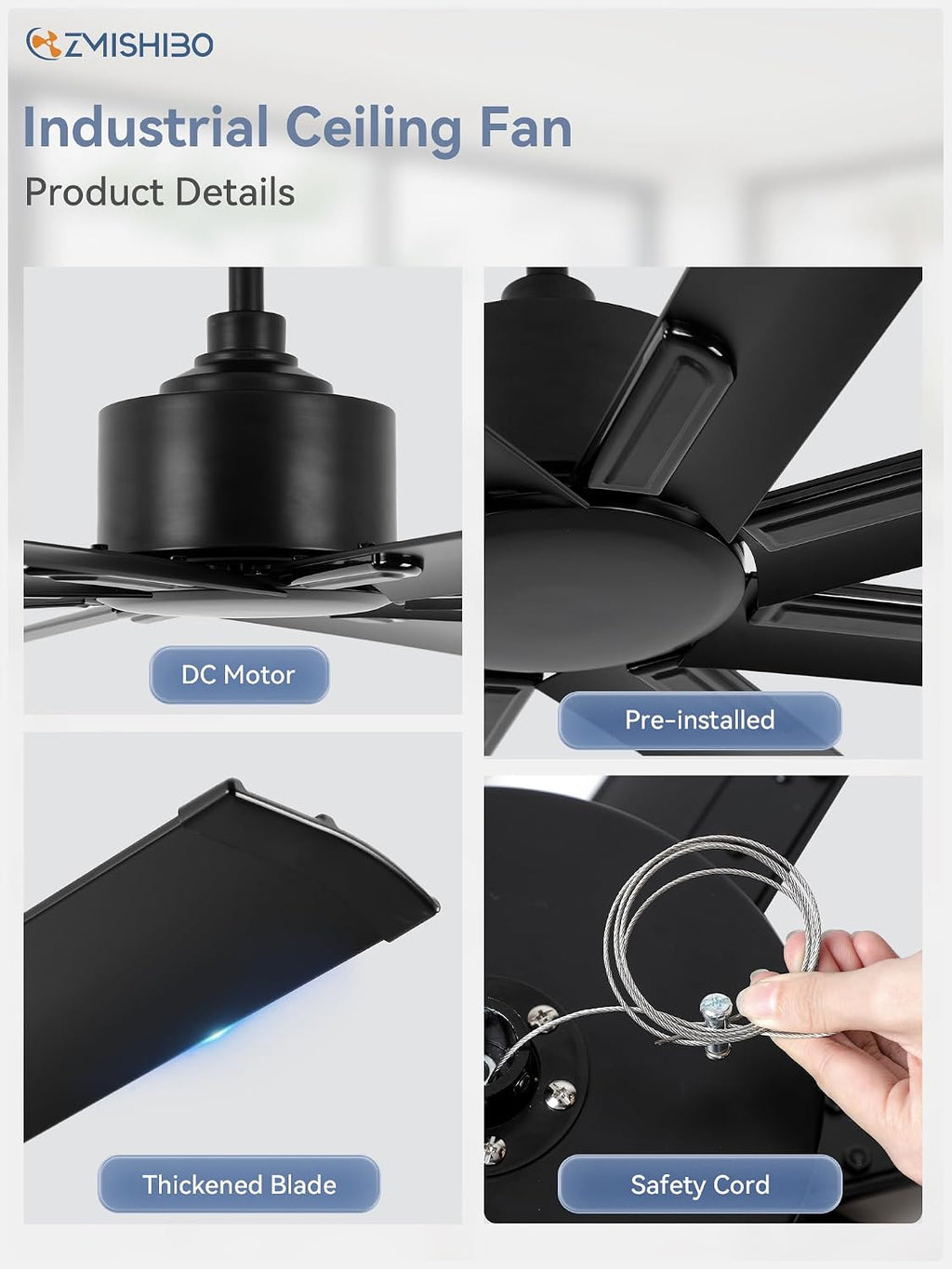 ZMISHIBO 84 Inch Ceiling Fans No Light, Large Industrial Ceiling Fan with 8 Aluminium Blades, Quiet DC Motor, 6 Speeds, Modern Ceiling Fan without Light for Garage/shop/living room,Black