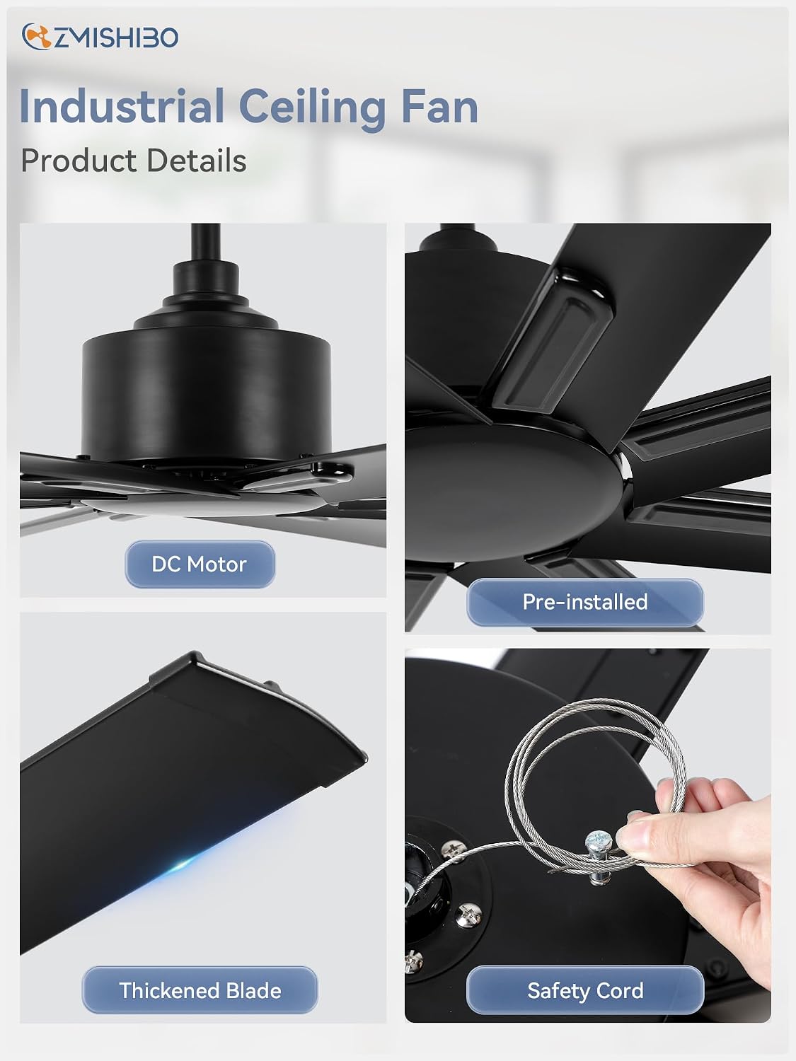 ZMISHIBO 84 Inch Ceiling Fans No Light, Large Industrial Ceiling Fan with 8 Aluminium Blades, Quiet DC Motor, 6 Speeds, Modern Ceiling Fan without Light for Garage/shop/living room,Black