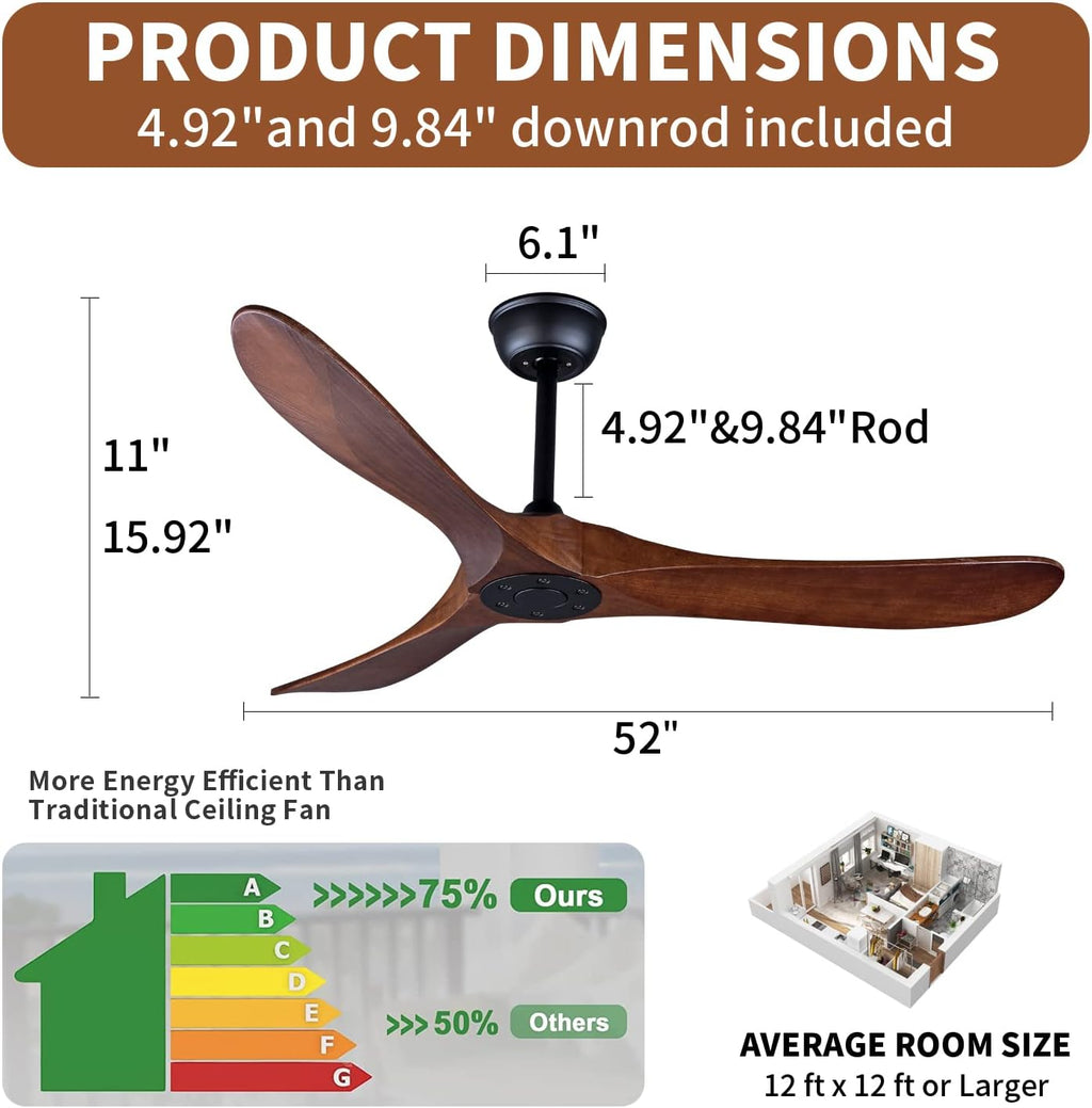 Bigzone 52' Outdoor/Indoor Ceiling Fans Without Lights, Energy Efficient DC Motor, 3 Balsa Wood Blades Ceiling Fan, Wood Ceiling Fan With Remote Control