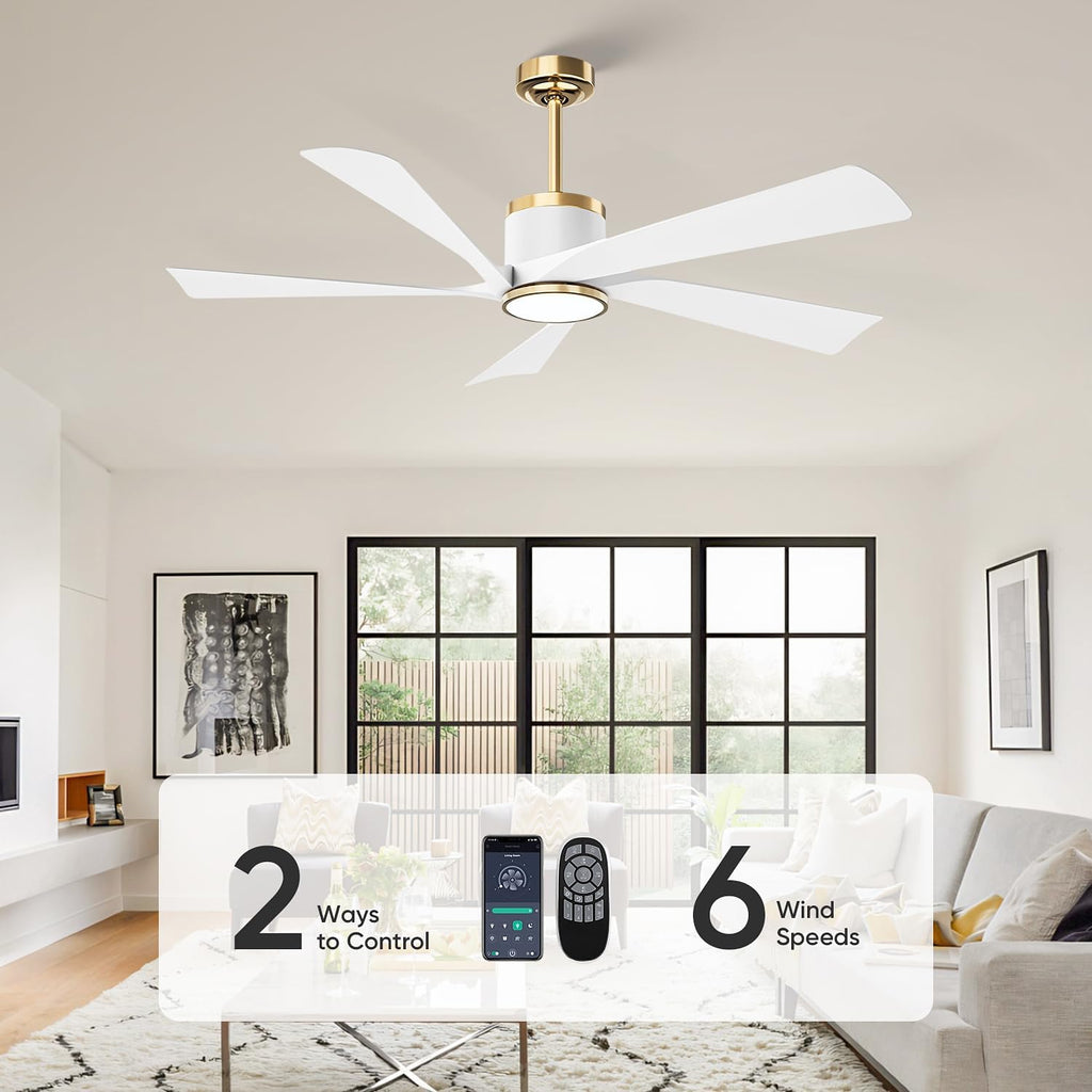 TXCSLY 52' Ceiling Fans with Lights and Remote, Modern Ceiling Fan with Light, Indoor Outdoor Ceiling Fan for Living Room, Bedroom, 5 Blade 3 Color Temperature LED Dimmable (White & Gold)