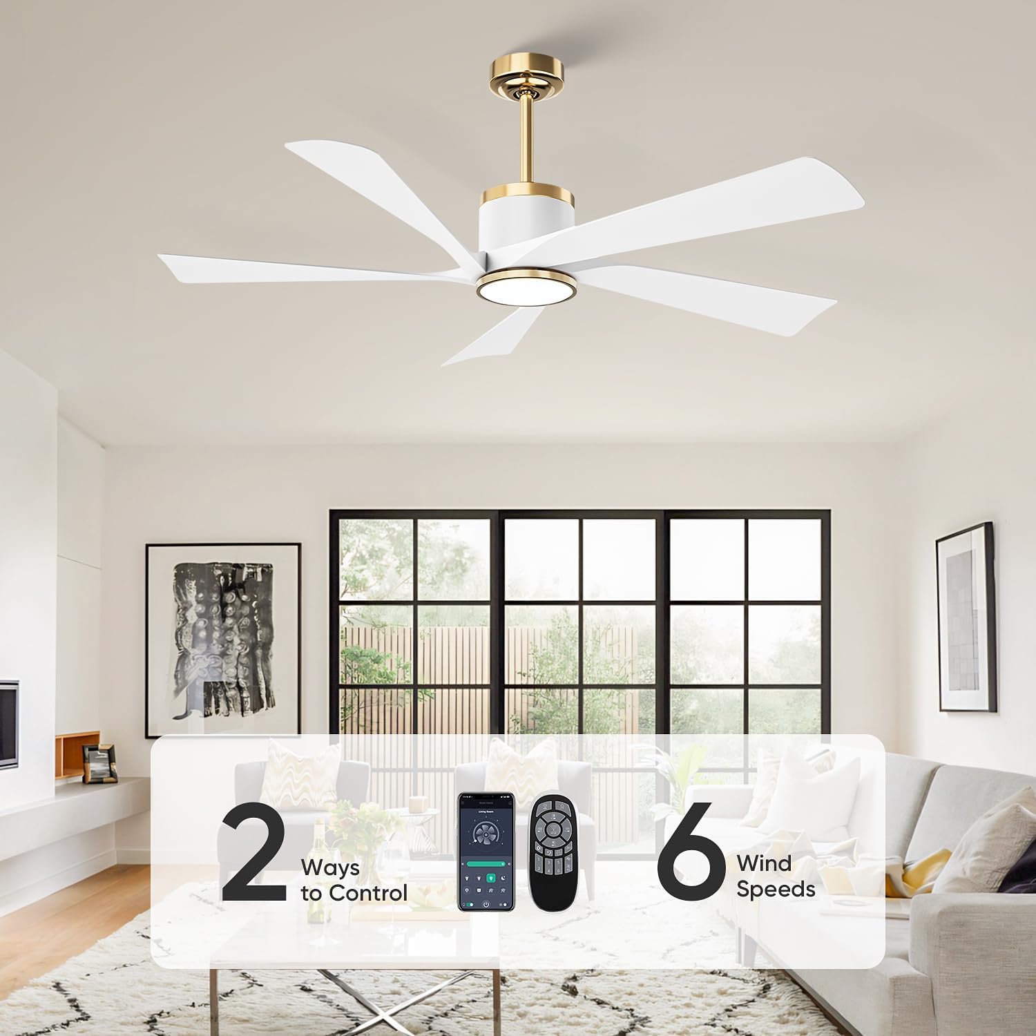 TXCSLY 52' Ceiling Fans with Lights and Remote, Modern Ceiling Fan with Light, Indoor Outdoor Ceiling Fan for Living Room, Bedroom, 5 Blade 3 Color Temperature LED Dimmable (White & Gold)