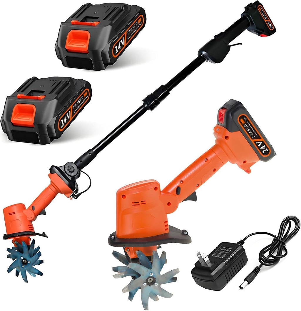 24V Cordless Small Tiller Cultivator,Mini Tiller for Gardening Electric Garden Tiller,235 RPM,4Inch Tilling Depth,with 2 * 1.5Ah Batteries & Charger,Portable Garden Rototiller