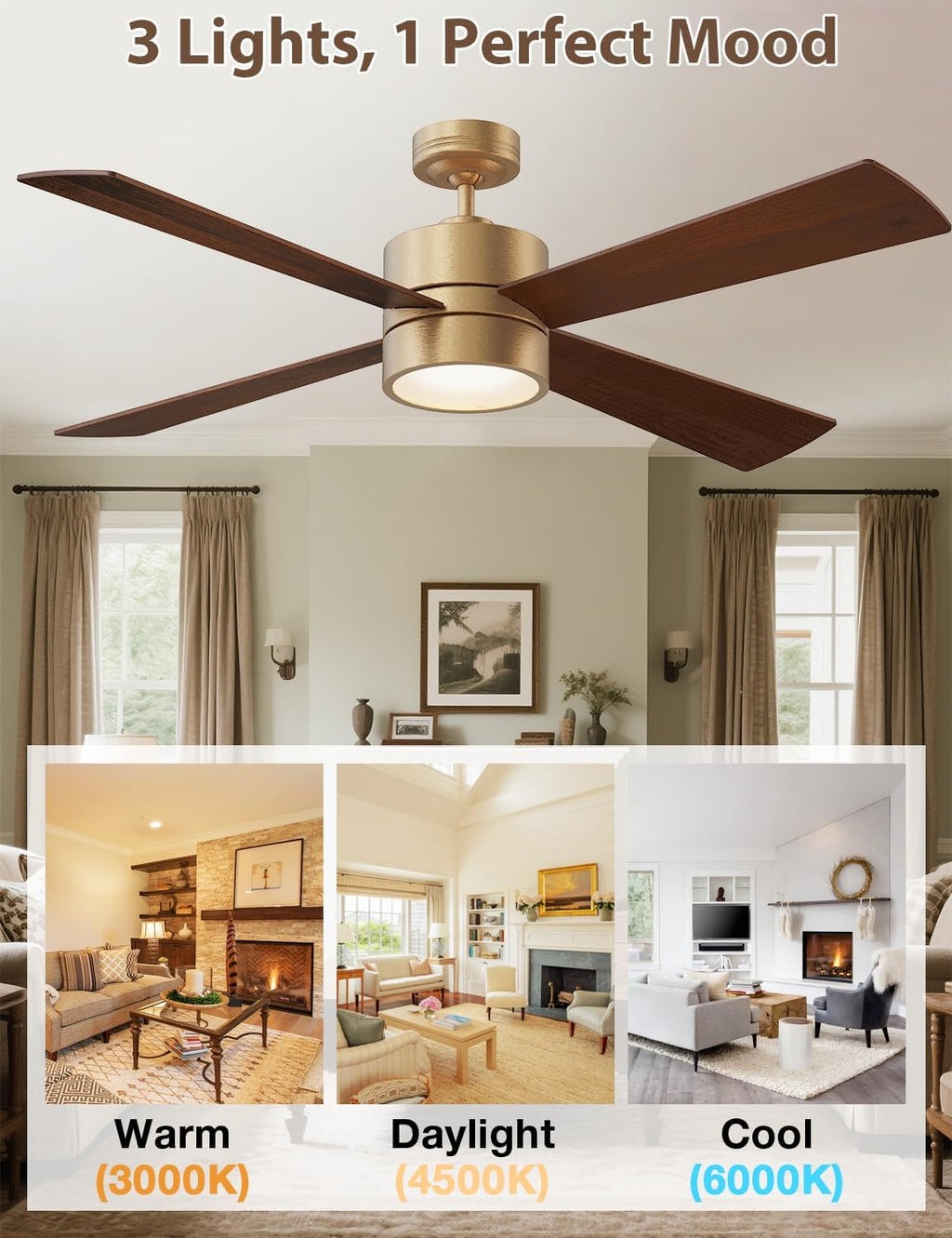 52' Outdoor Ceiling Fan with Lights and Remote – Luxury Gold Finish, Waterproof DC Motor, Reversible, Dimmable LED, Smart APP Control for Patios, Gazebo, and Indoor Spaces