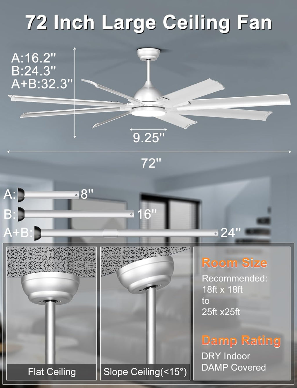 Ohniyou 72 Inch Industrial Ceiling Fan with Lights Remote Control, Large Ceiling Fan with 8 Aluminum Blades, 3 CCT, 6-Speed Quiet DC Motor for Living Room, Covered Outdoor, Shop, Garage(Silver)