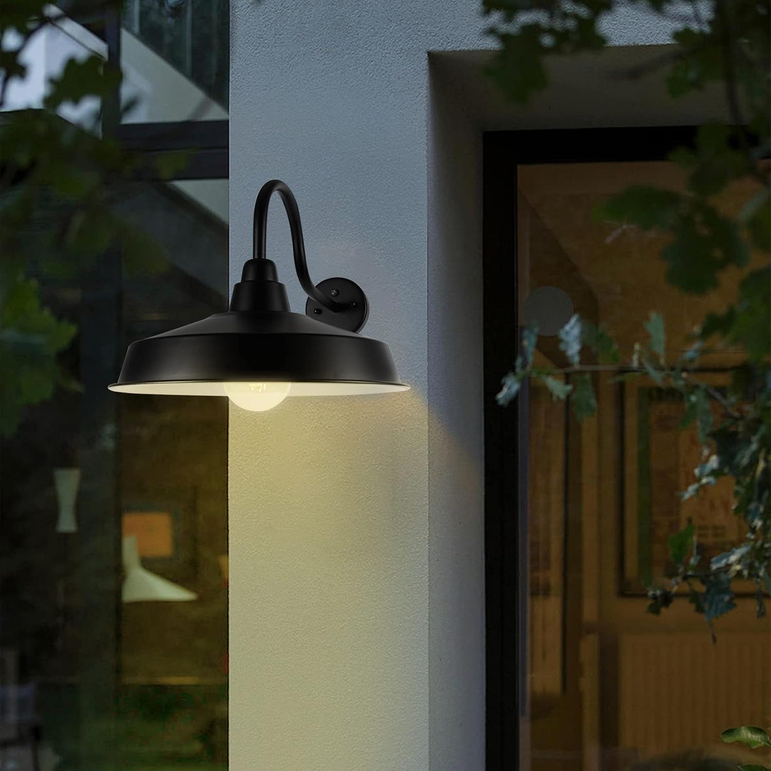 Dusk to Dawn Barn Light Outdoor, 16 Inch Dome Large Farmhouse Exterior Light Fixture Wall Mount, Industrial Outdoor Wall Sconce Outside for House, Shop, Porch, Garage, Black, 2 Pack