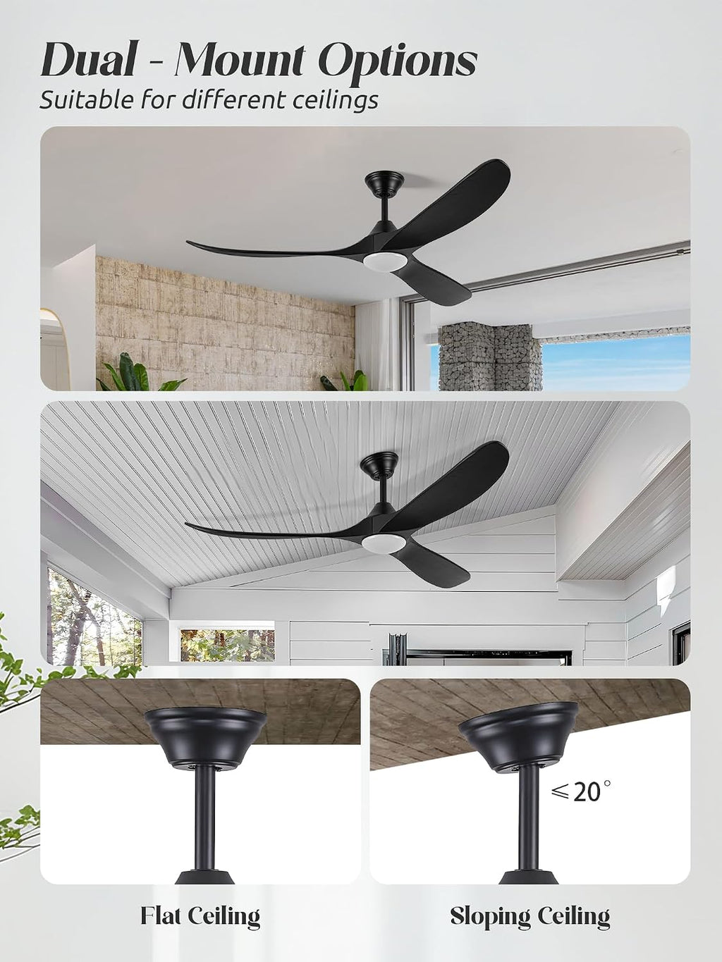 Black Modern Ceiling Fan with Light and Remote, 52 Inch 3 Blade Wood Propeller Ceiling Fan with Light Quiet Reversible Dc Motor, Indoor Outdoor Ceiling Fans for Patios Bedroom Farmhouse Gazebo